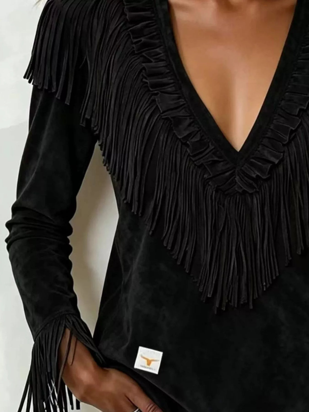 Fringed V-Neck Blouse