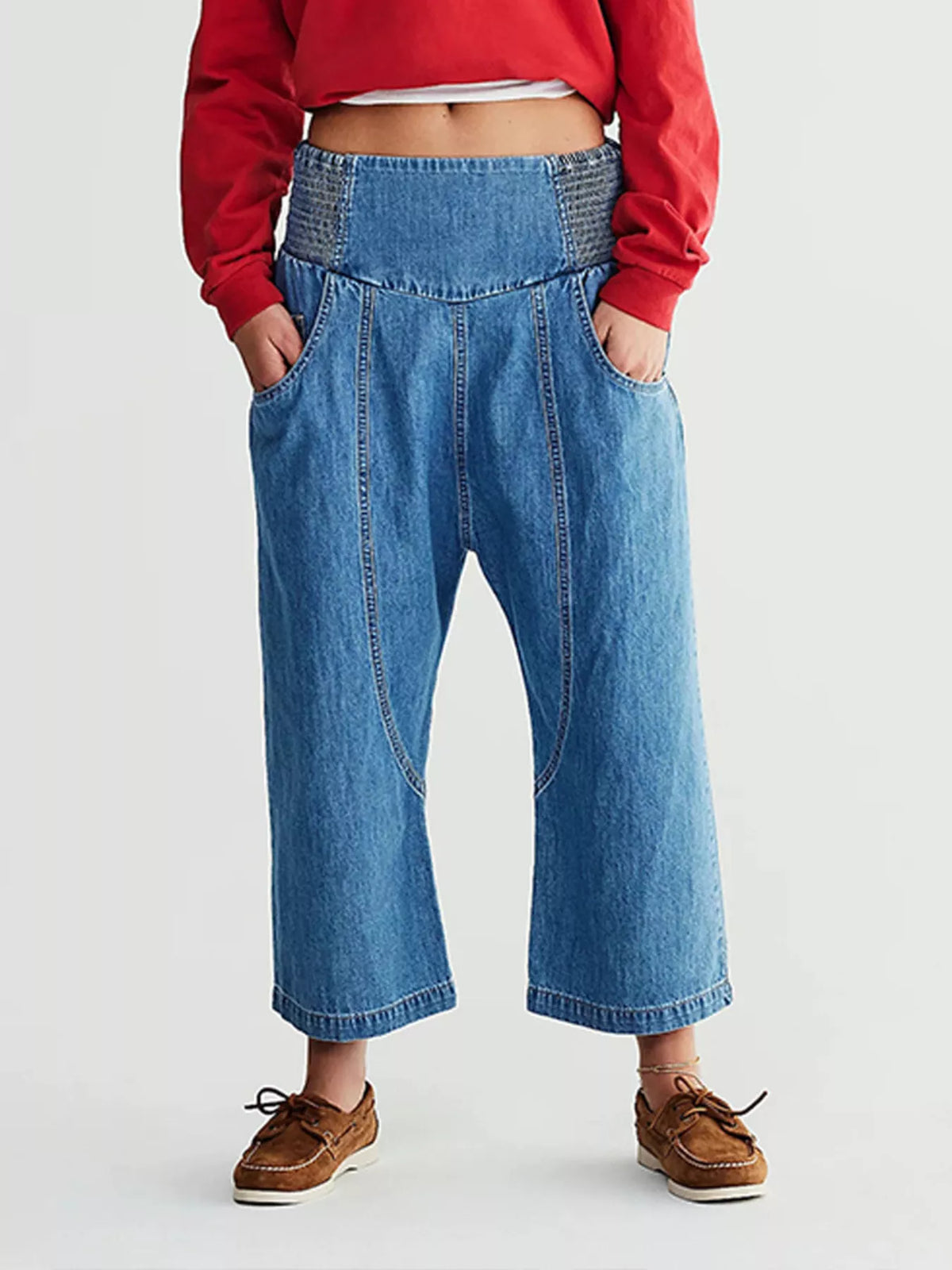Smocked High-Waisted Wide Leg Jeans - Lilixa.store