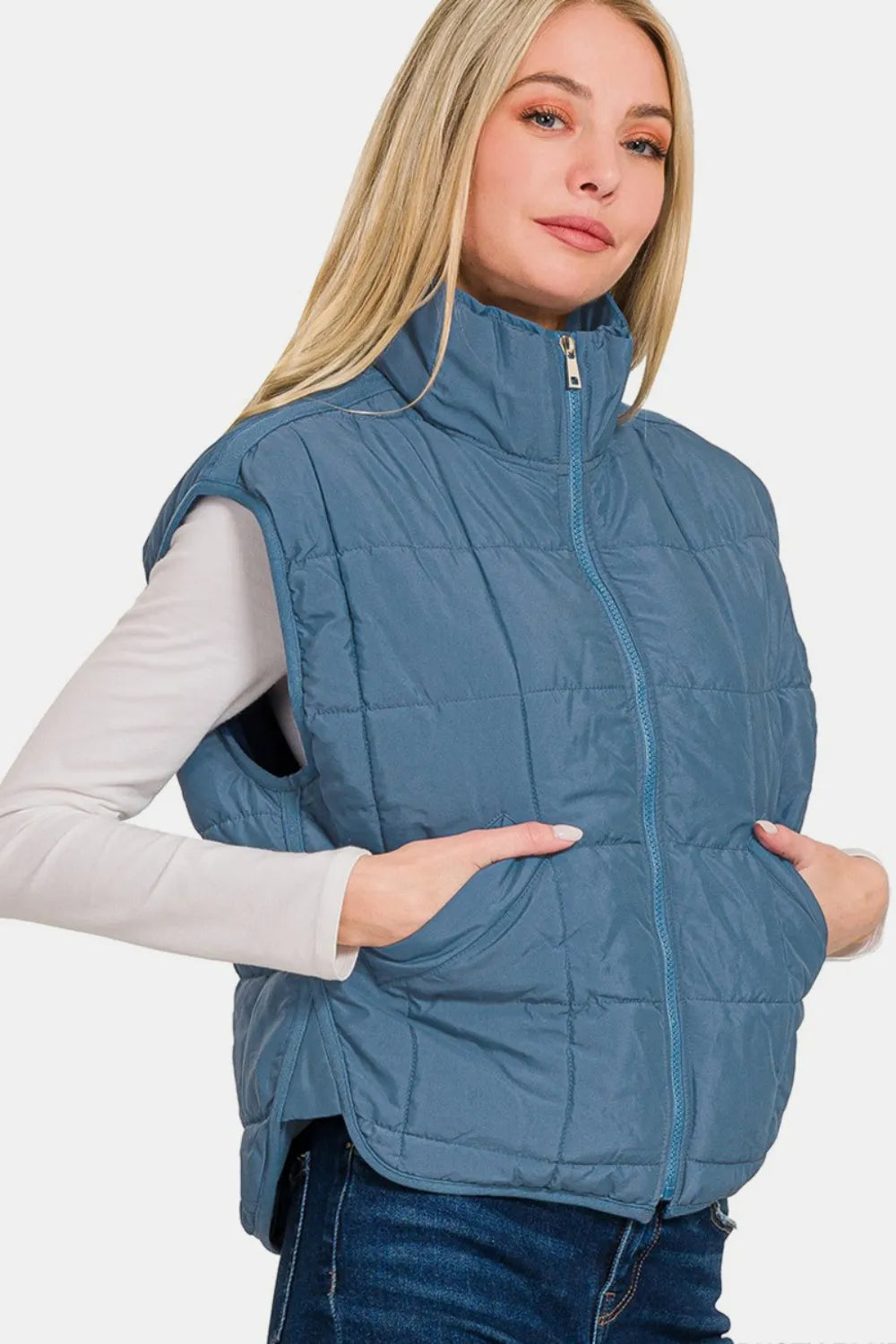 Zenana Zip Up Cropped Puffer Vest with Pockets in Dusty Blue, view 2