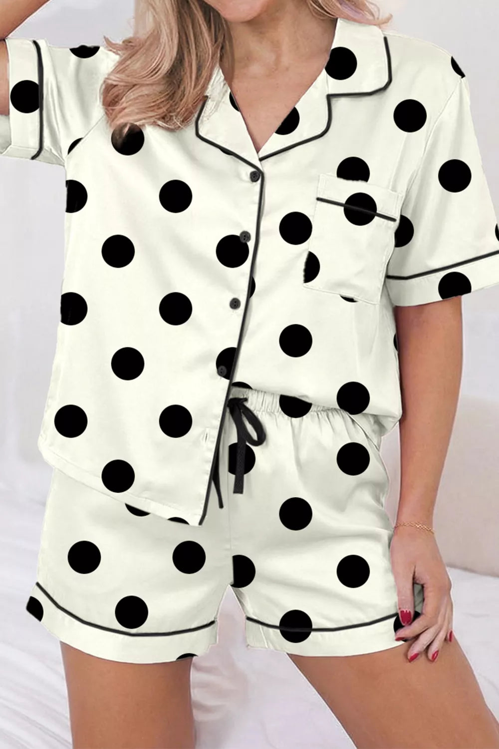 Polka Dot Button Up Top and Shorts Lounge Set - Lilixa.store
