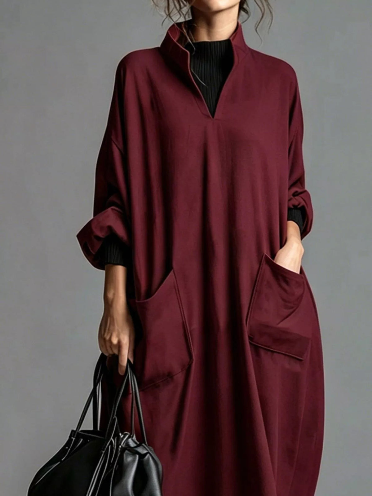 Full Size Loose-Fit Mock Neck Midi Dress with Pockets Plus Size - Lilixa.store
