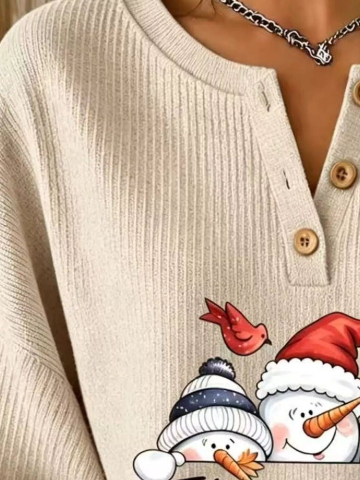 Full Size Christmas Themed Snowman Graphic Ribbed Henley Sweatshirt Plus Size, view 7