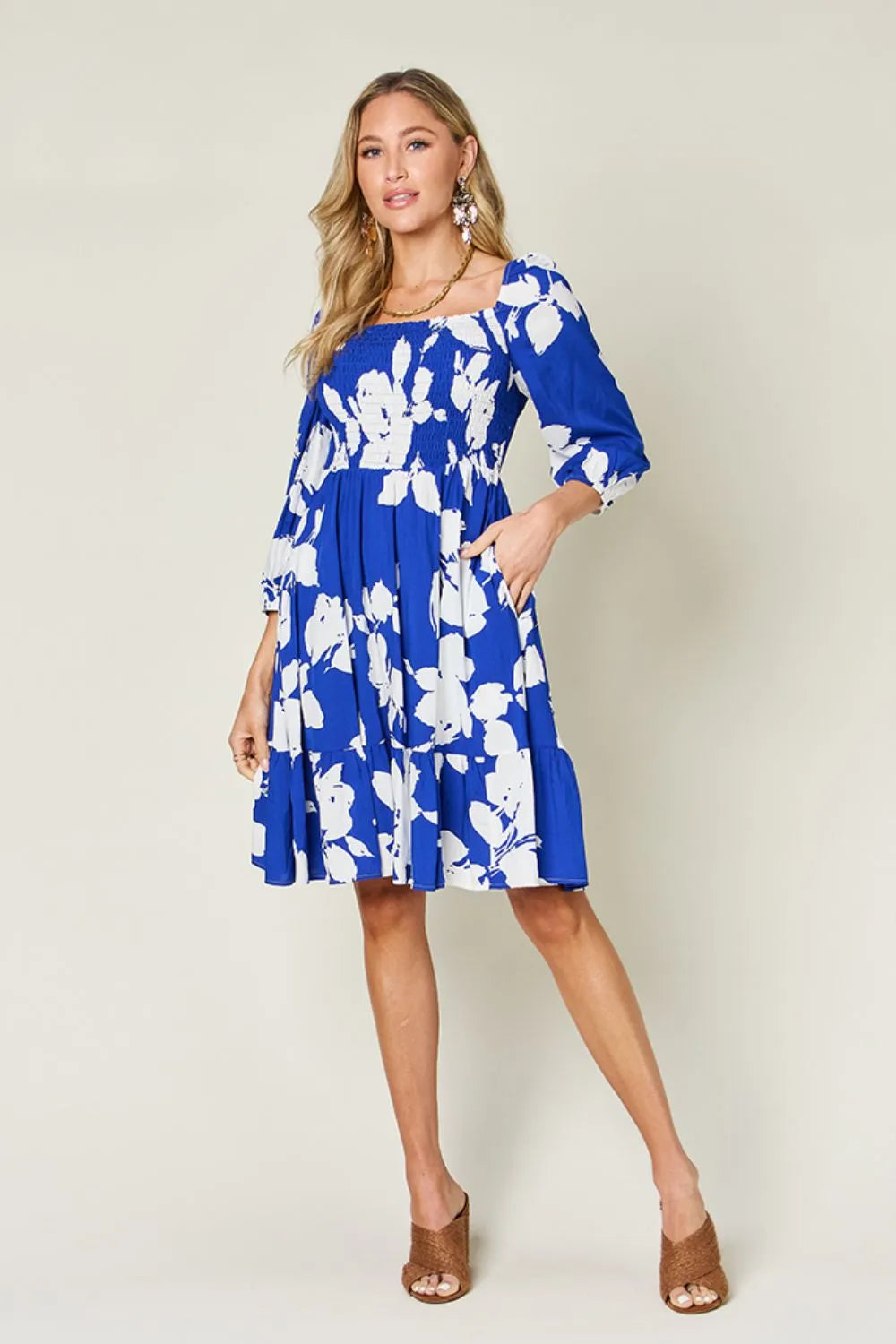 Double Take Full Size Floral Ruffle Hem Smocked Dress with Pockets - Lilixa.store