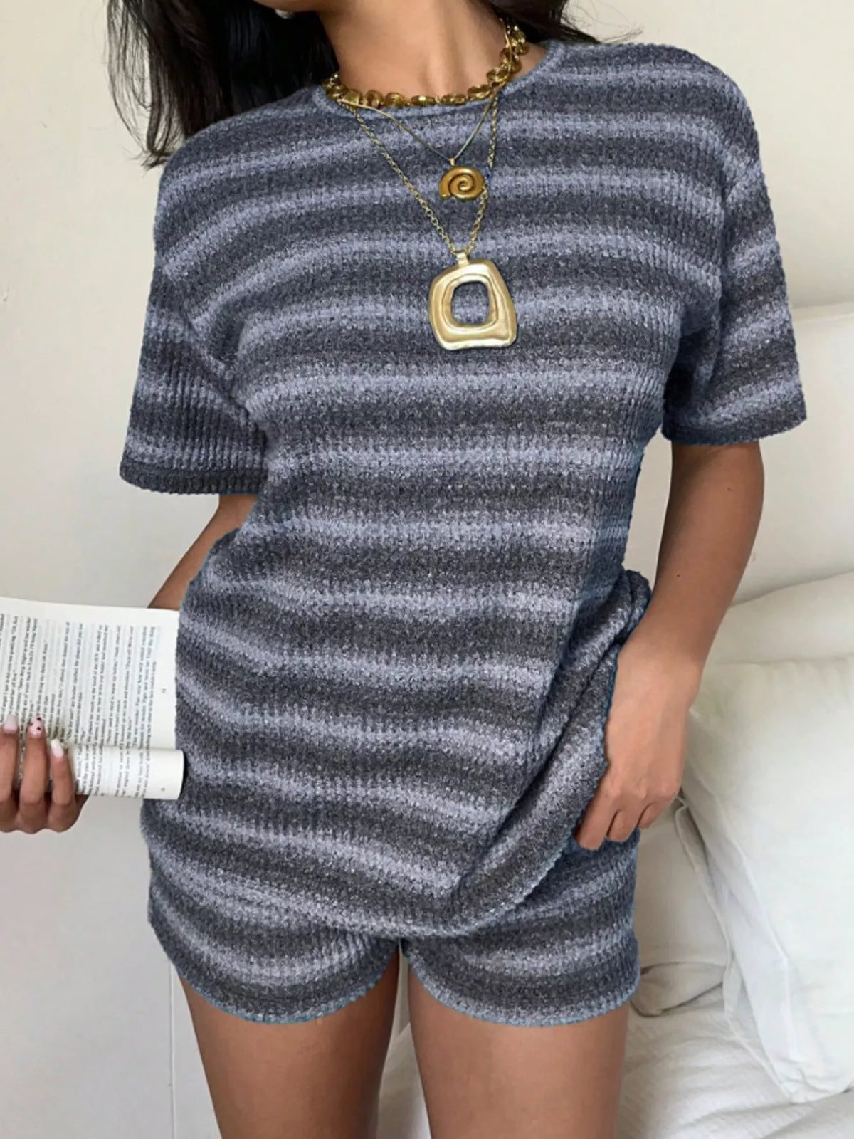 Striped Textured Knit Top and Shorts Set, view 5