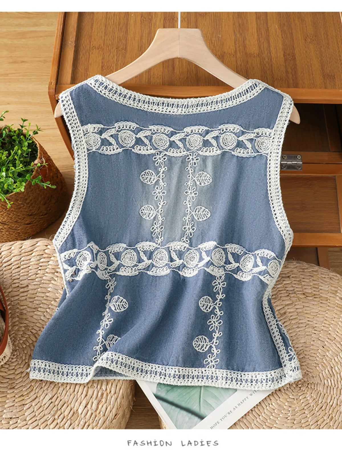 Embroidered Button Up V-Neck Vest Coat in Blue, view 2