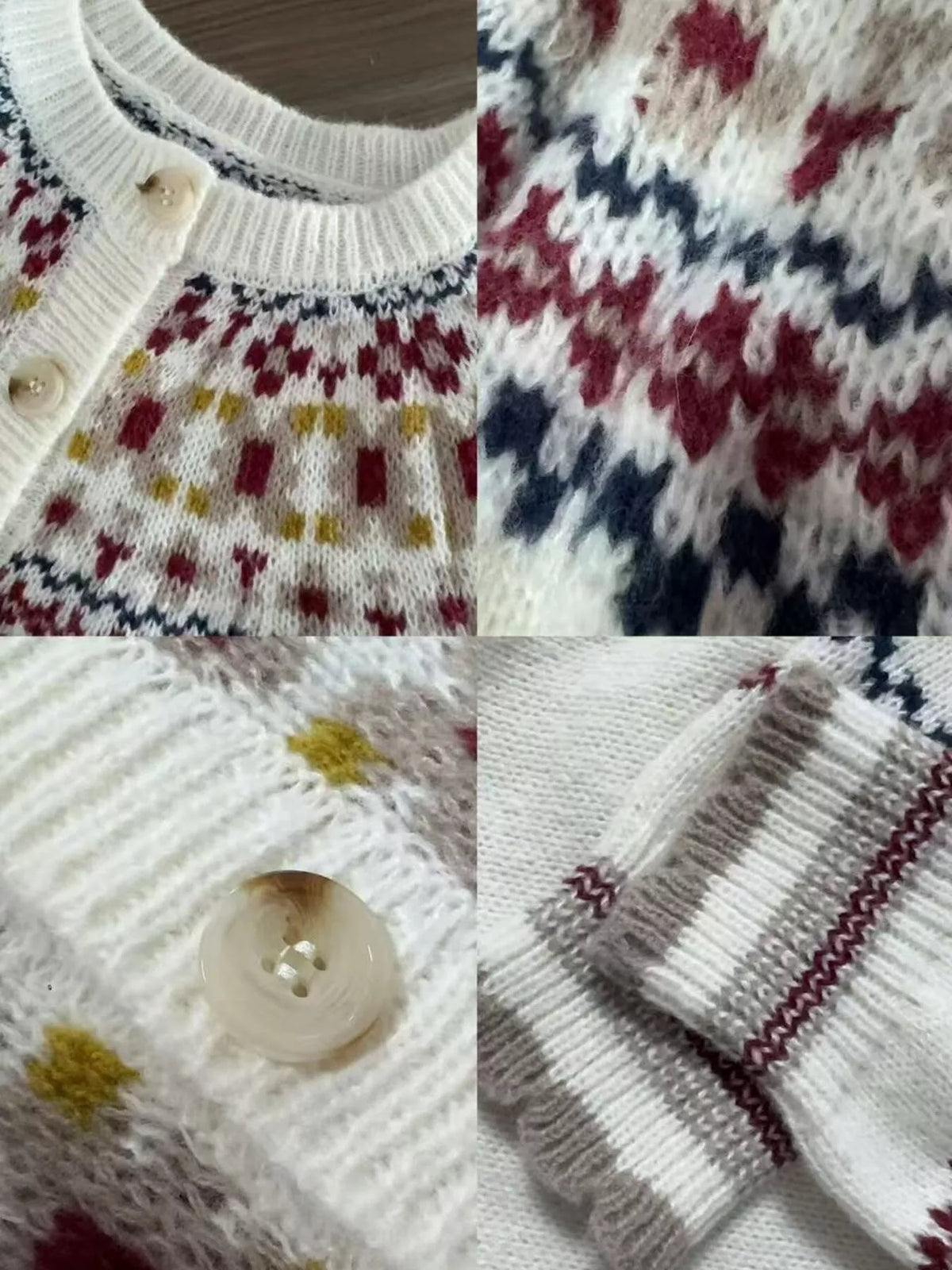 Fair Isle Patterned Button-Down Knit Cardigan in Off-white, view 6