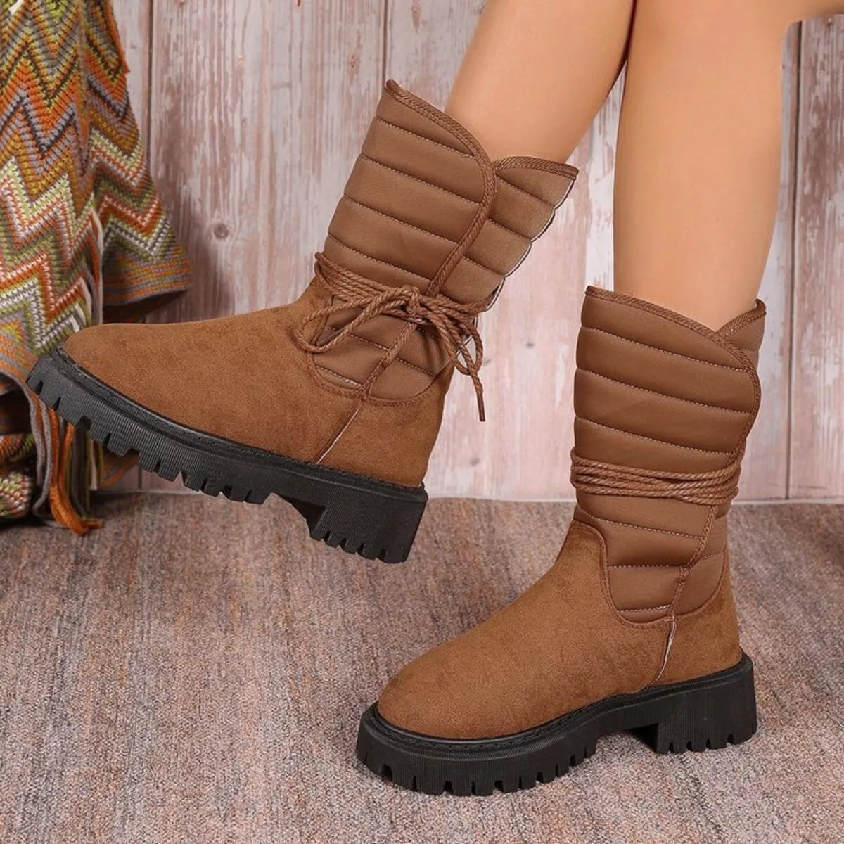 Quilted Lace-Up Mid-Calf Boots in Brown