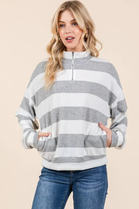 BOMBOM Striped Quarter Zip Drop Shoulder Sweatshirt - Lilixa.store