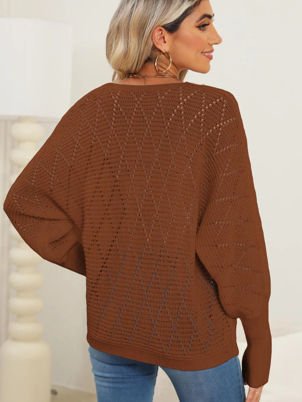 Lace Detail V-Neck Long Sleeve Sweater - Lilixa.store