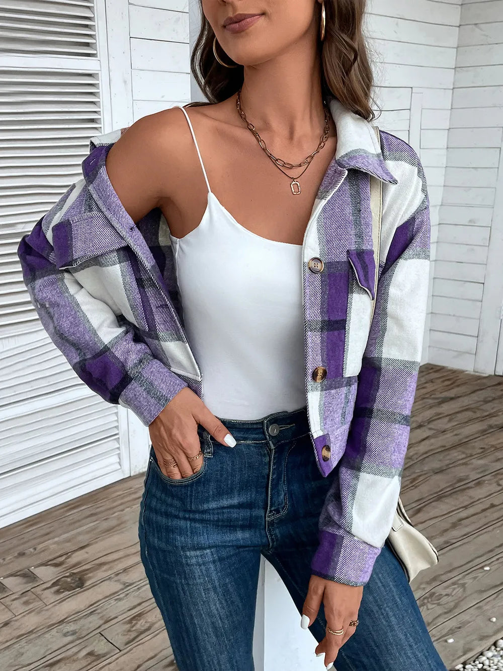 Perfee Plaid Button Up Drop Shoulder Cropped Jacket, view 19