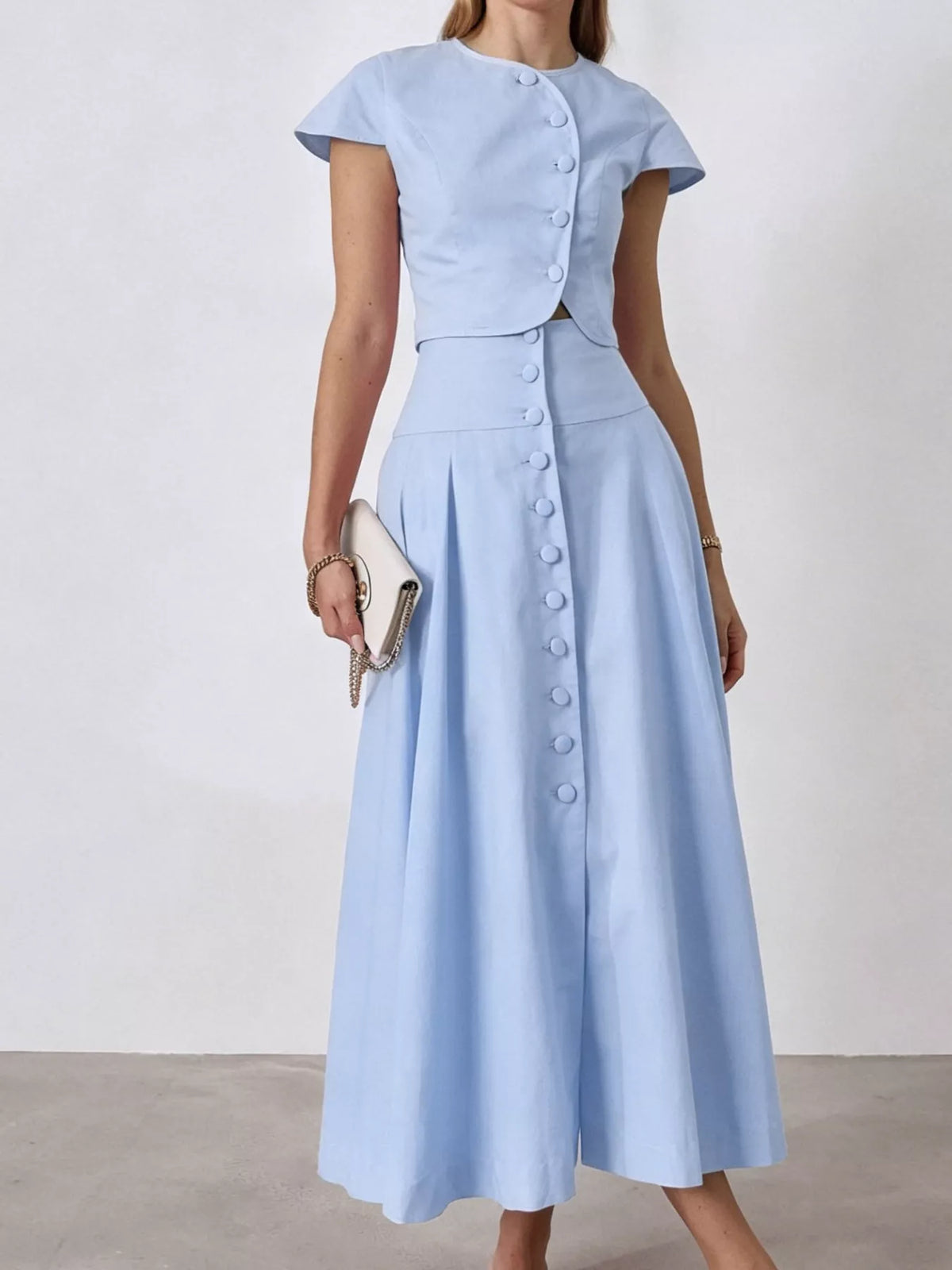 Cap Sleeve Button-Down Crop Top and Midi Skirt Set in Light Blue