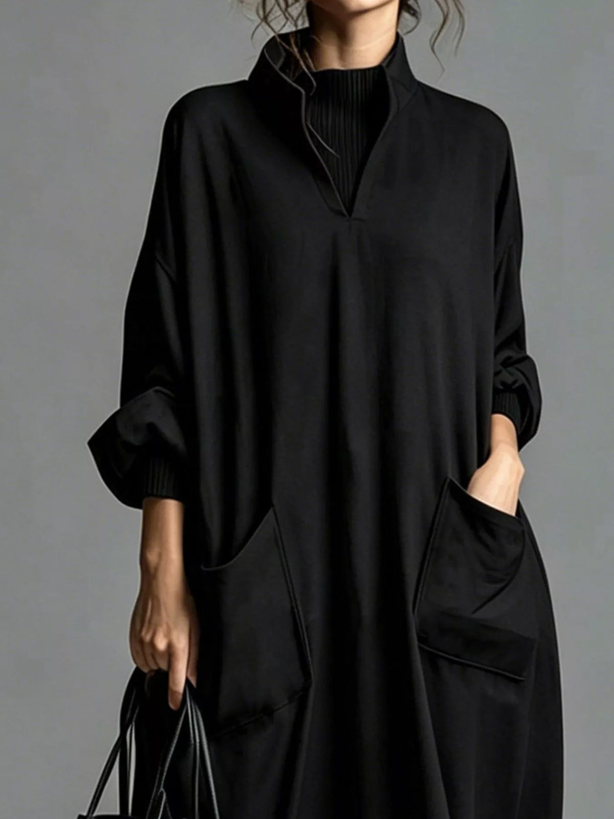 Full Size Loose-Fit Mock Neck Midi Dress with Pockets Plus Size - Lilixa.store