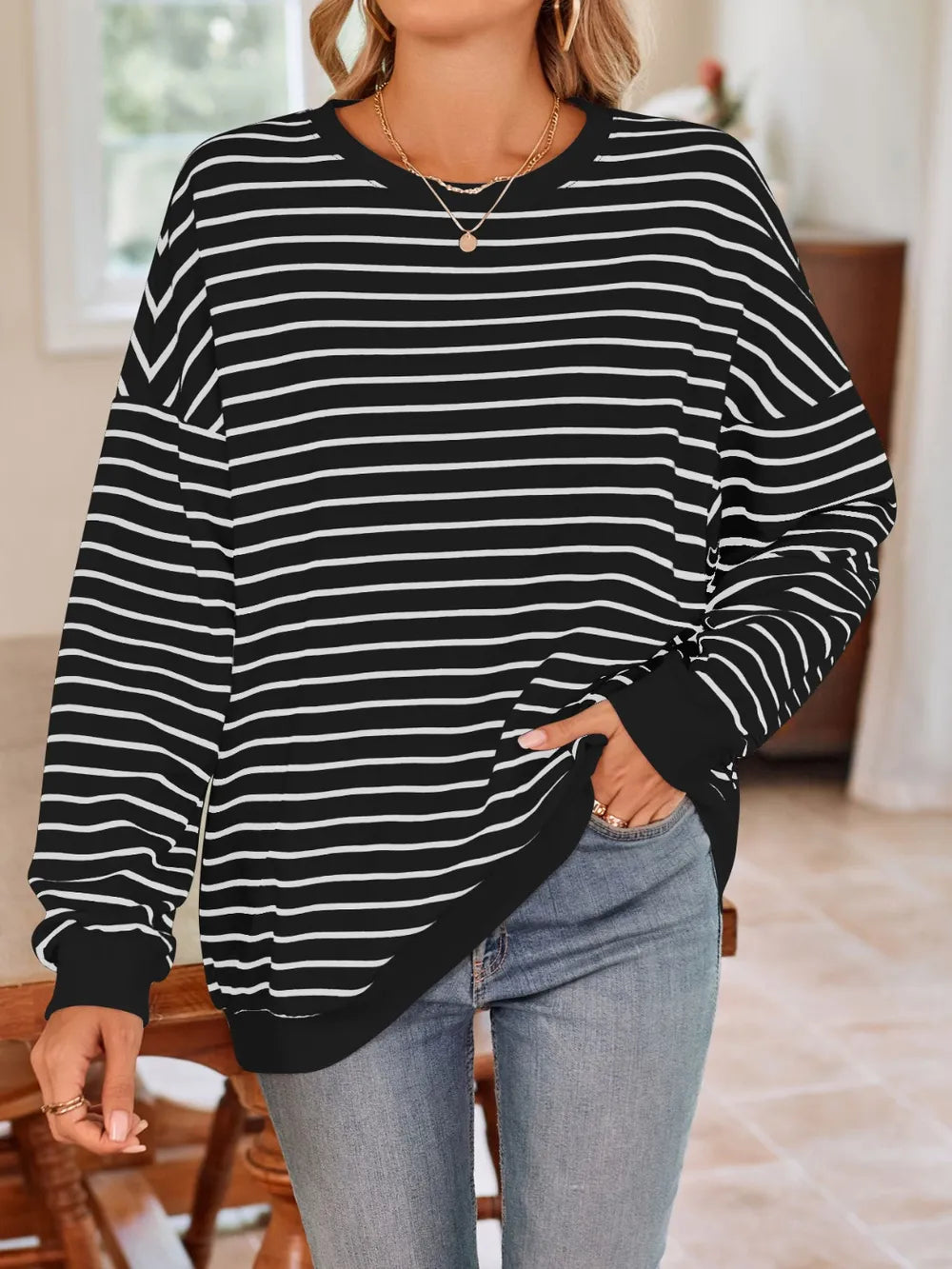 Lovelet Striped Round Neck Long Sleeve Sweatshirt - Lilixa.store