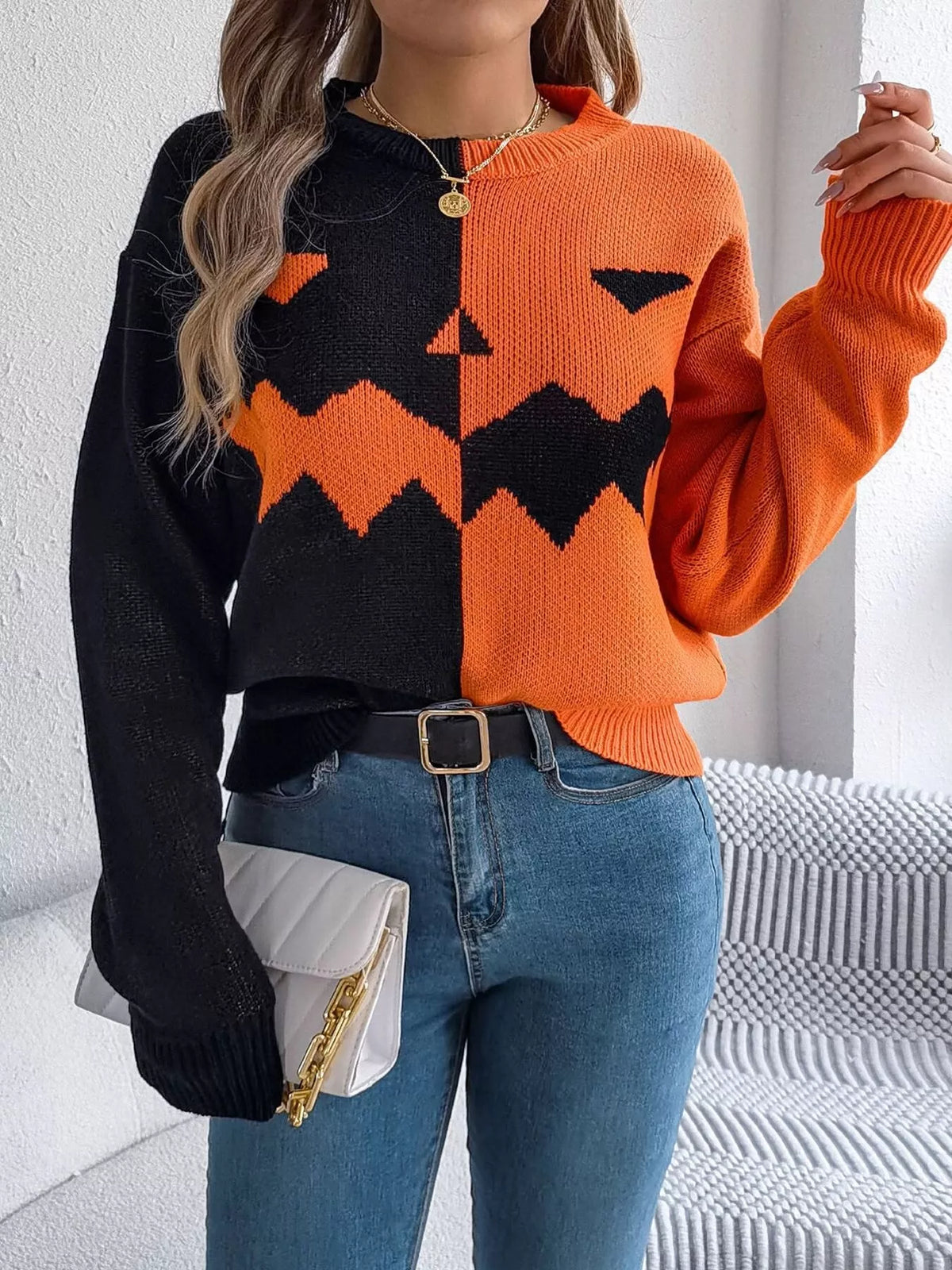Pumpkin Face Graphic Two Tone Sweater