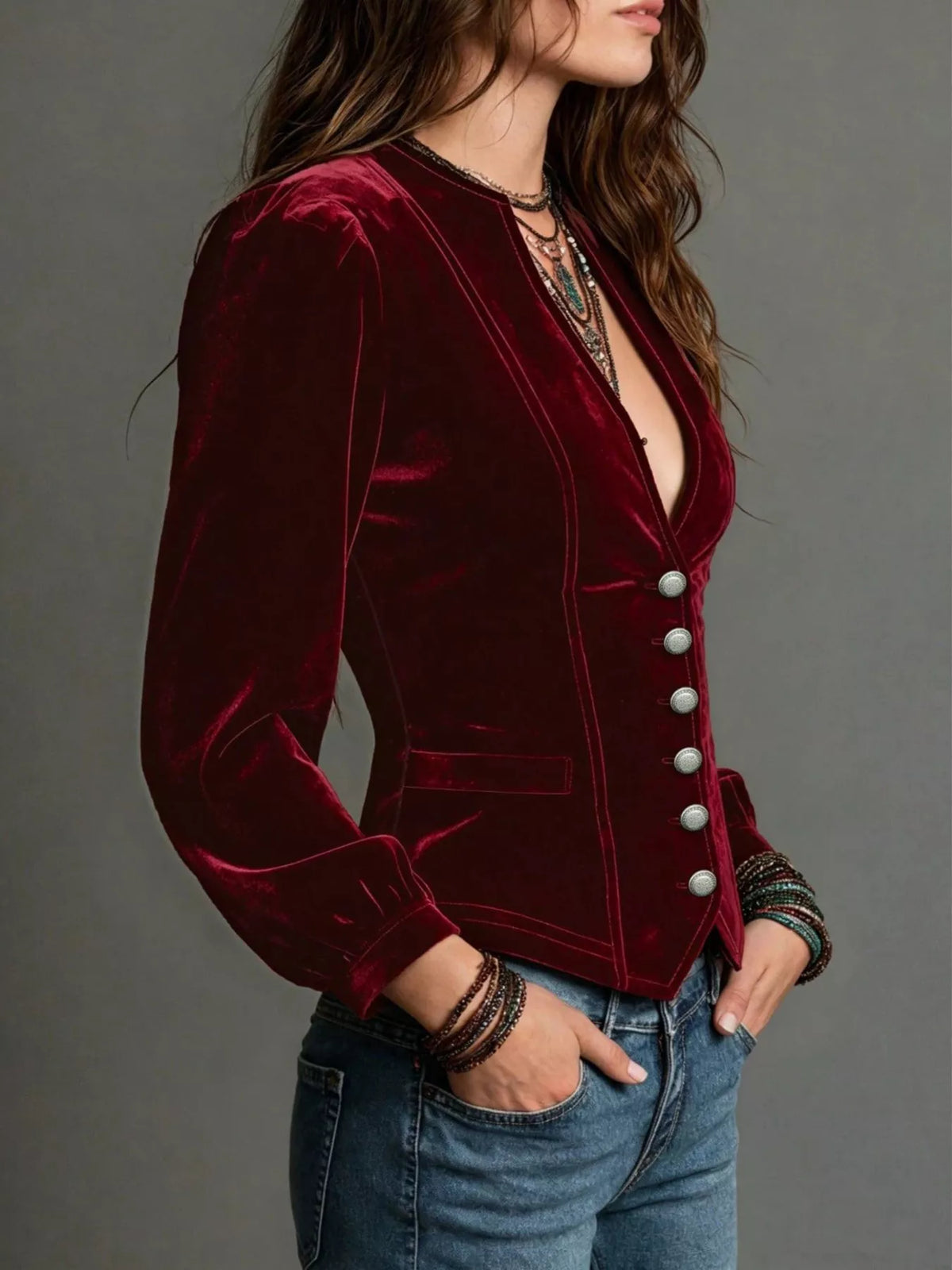 Button Down Plunge Velvet Shirt, view 2