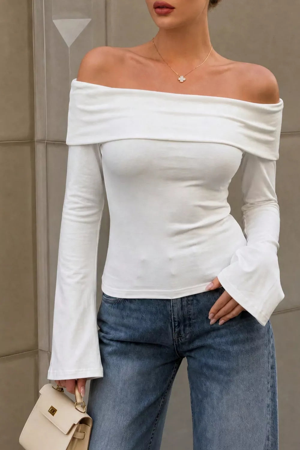 Off Shoulder Flare Sleeve Top in White