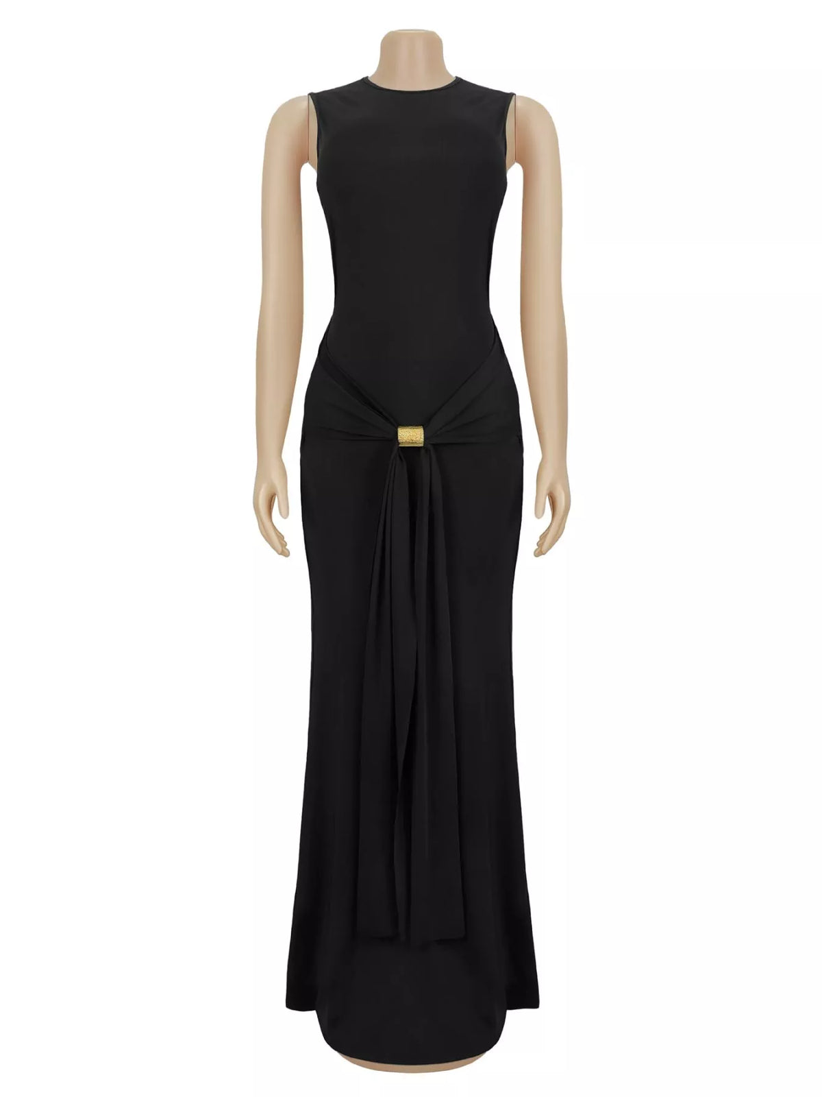 Sleeveless Bodycon Maxi Dress with Gold Buckle Detail in Black, view 4