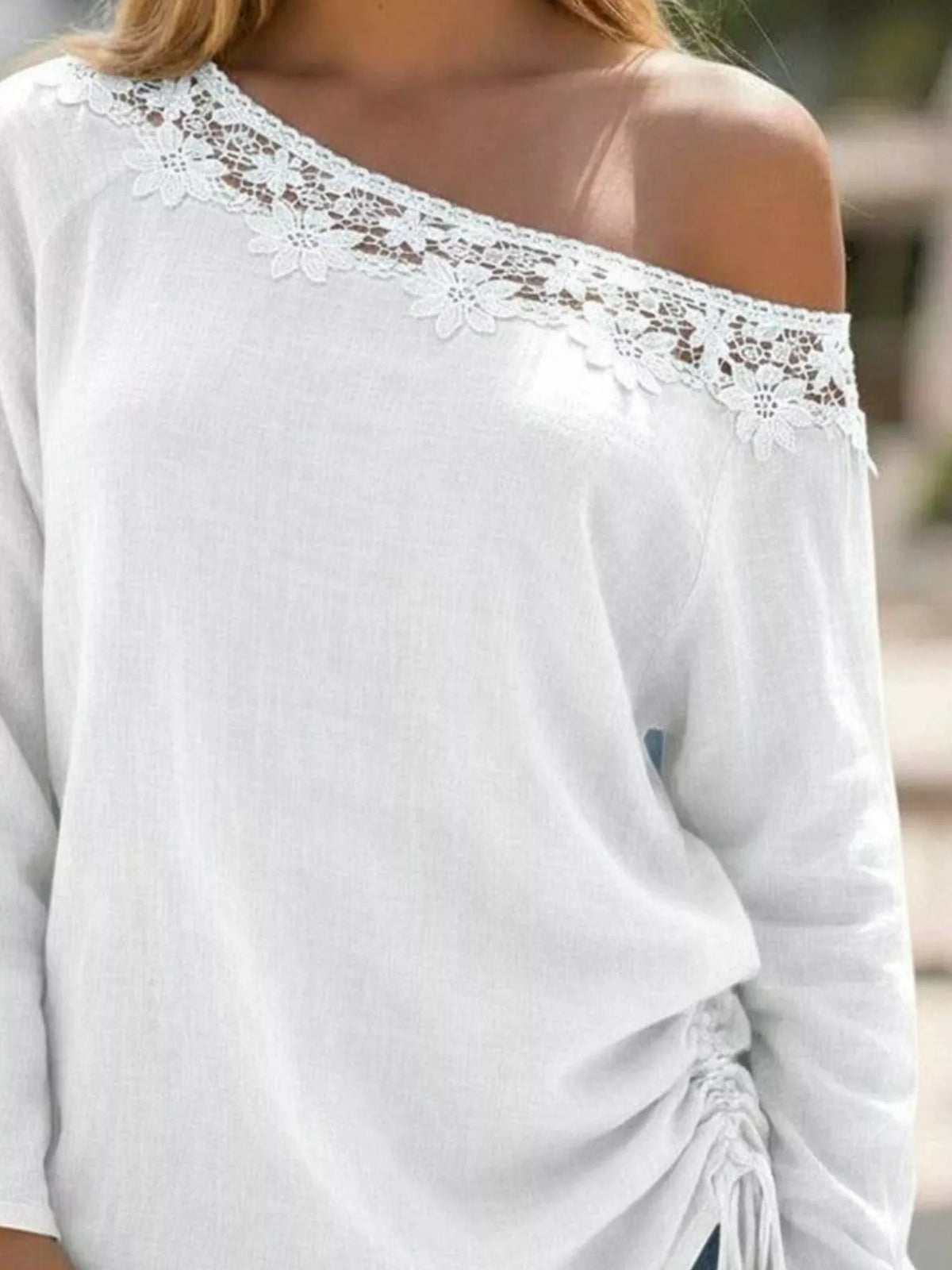 Lace Trim One Shoulder Ruched Top - Lilixa.store