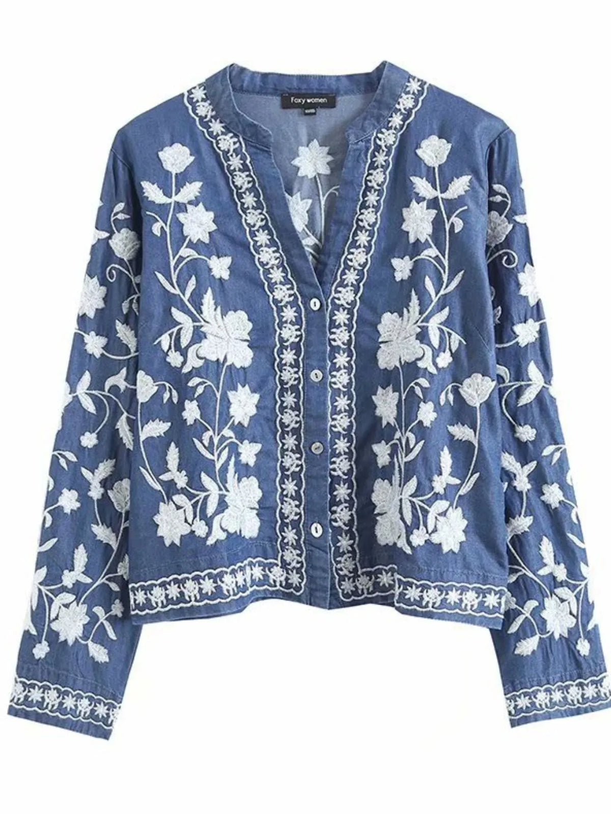 Floral Embroidered Button Up Denim Shirt - Lilixa.store