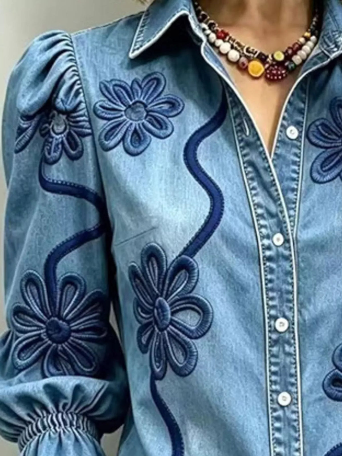 Full Size Denim Lock Floral Embroidered Shirt Plus Size, view 2