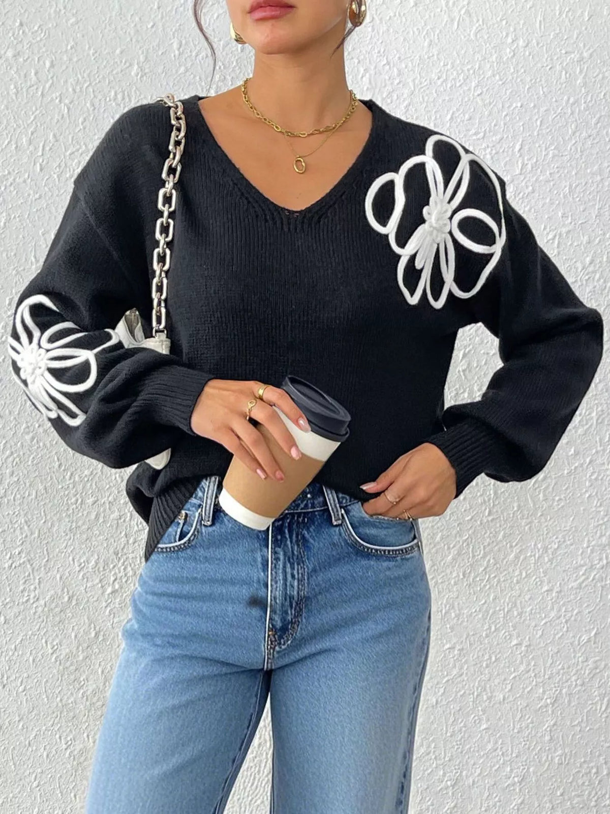 Flower V-Neck Dropped Shoulder Sweater