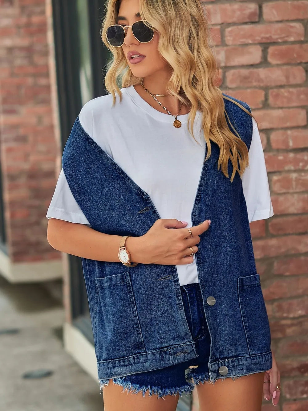 Full Size V-Neck Button Up Denim Vest - Lilixa.store