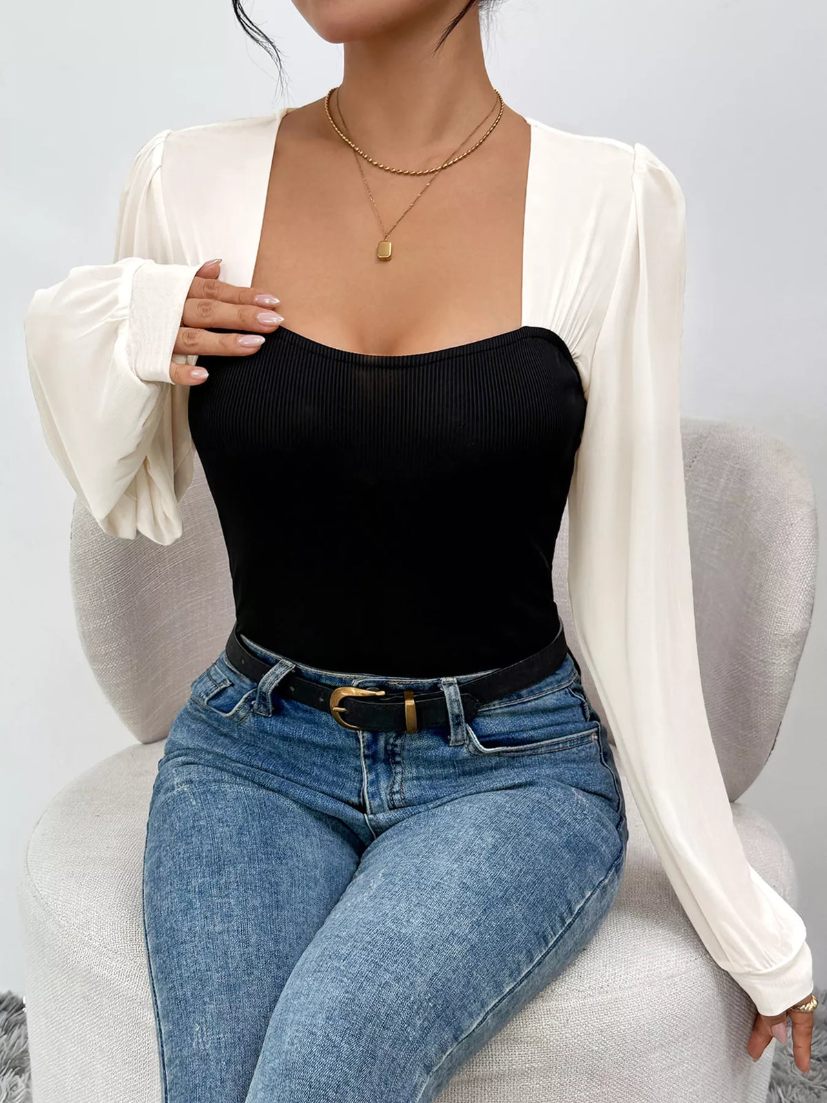 Two-Tone Long Sleeve Bodysuit - Lilixa.store