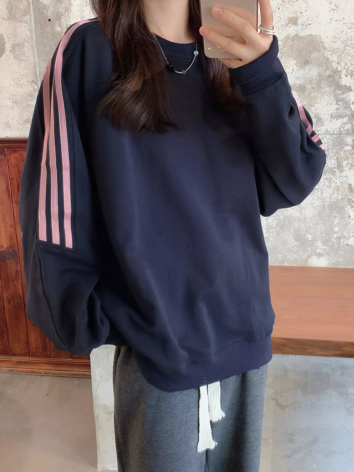 Striped Round Neck Sweatshirt - Lilixa.store