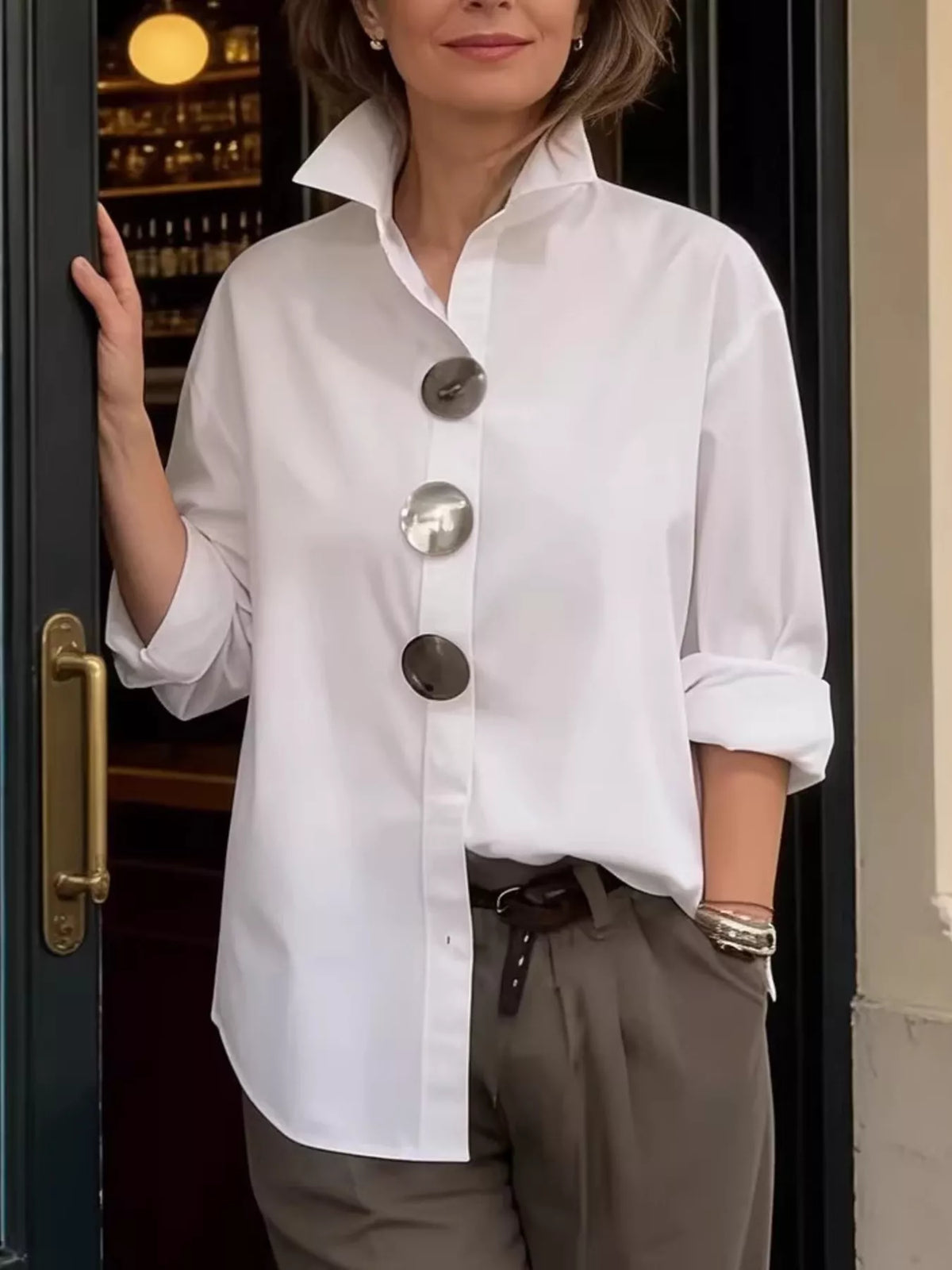 Full Size Oversized Metal Button Long Sleeve Shirt Plus Size - Lilixa.store