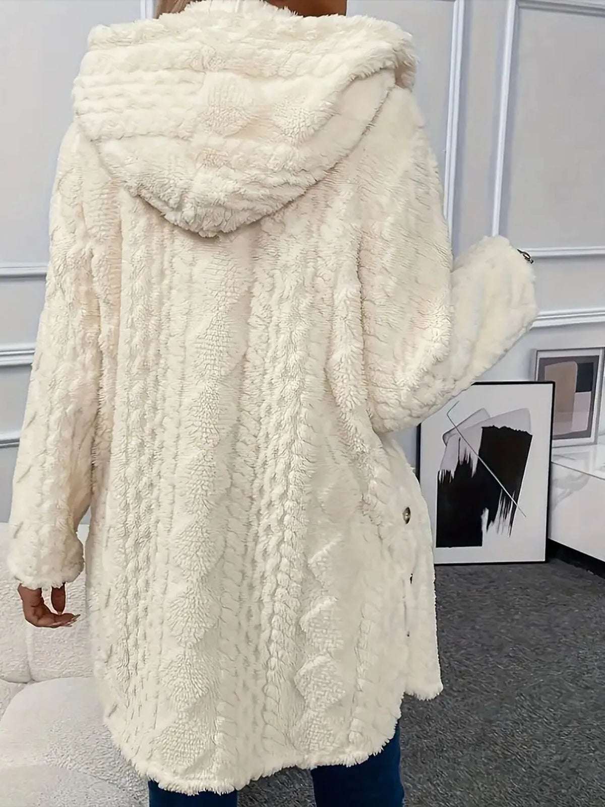 Faux Fur Teddy Coat with Button Front in Cream, view 3