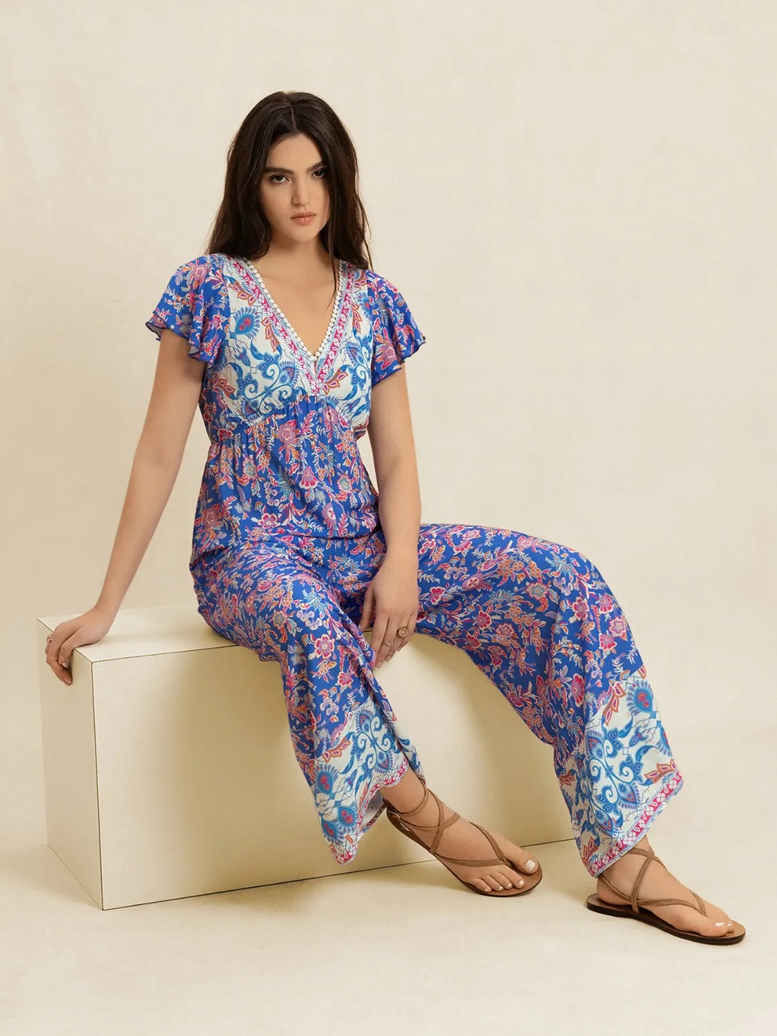 Printed V-Neck Wide Leg Jumpsuit - Lilixa.store