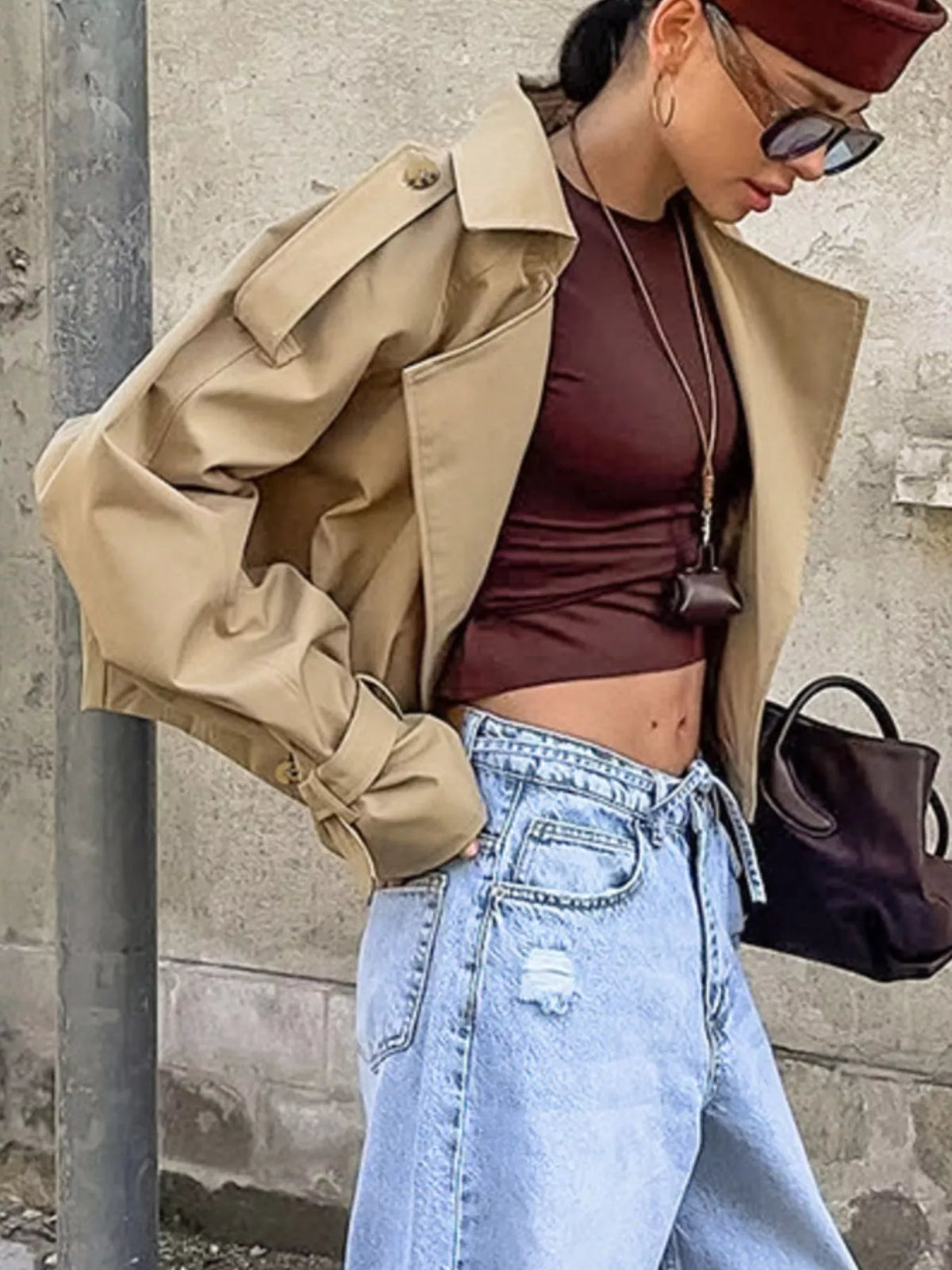 Wide Lapel Cropped Trench Coat - Lilixa.store