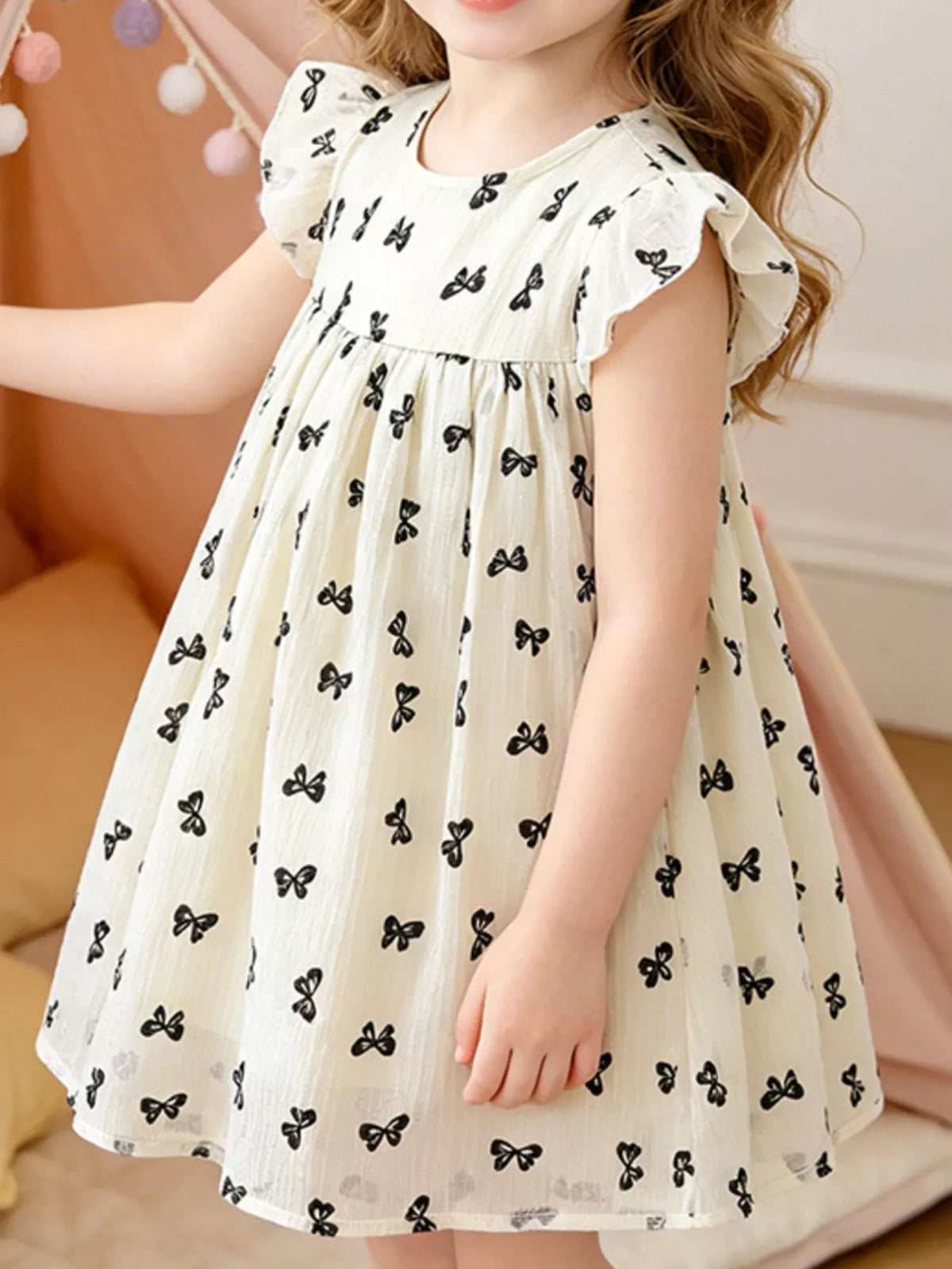 Children's Bow Print Flutter Sleeve Dress - Lilixa.store