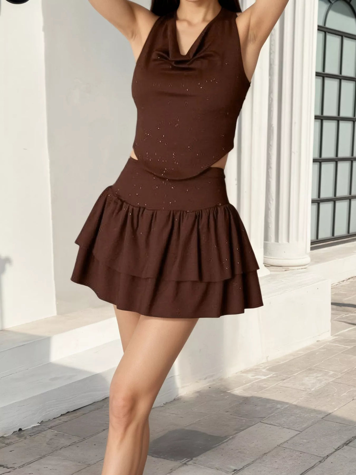 Halter Neck Crop Top and Layered Ruffle Mini Skirt Set - Lilixa.store
