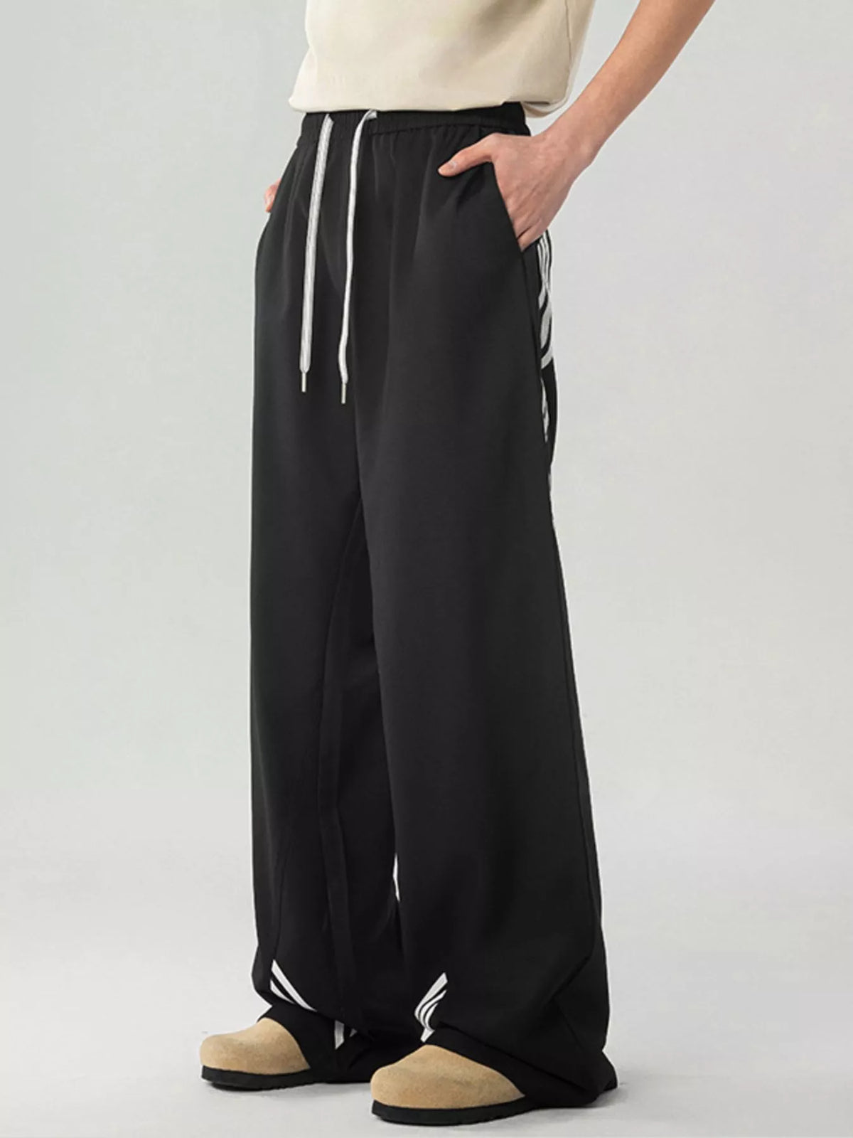 Men's Full Size Wide Leg Striped Casual Pants Plus Size in Black, view 3