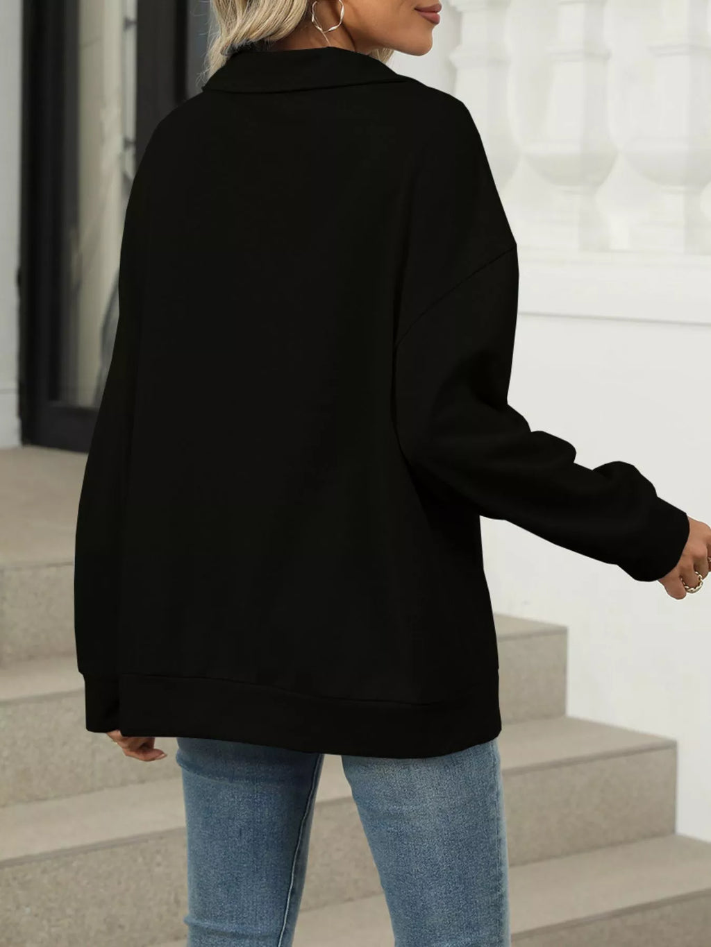 Johnny Collar Drop Shoulder Long Sleeve Sweatshirt - Lilixa.store