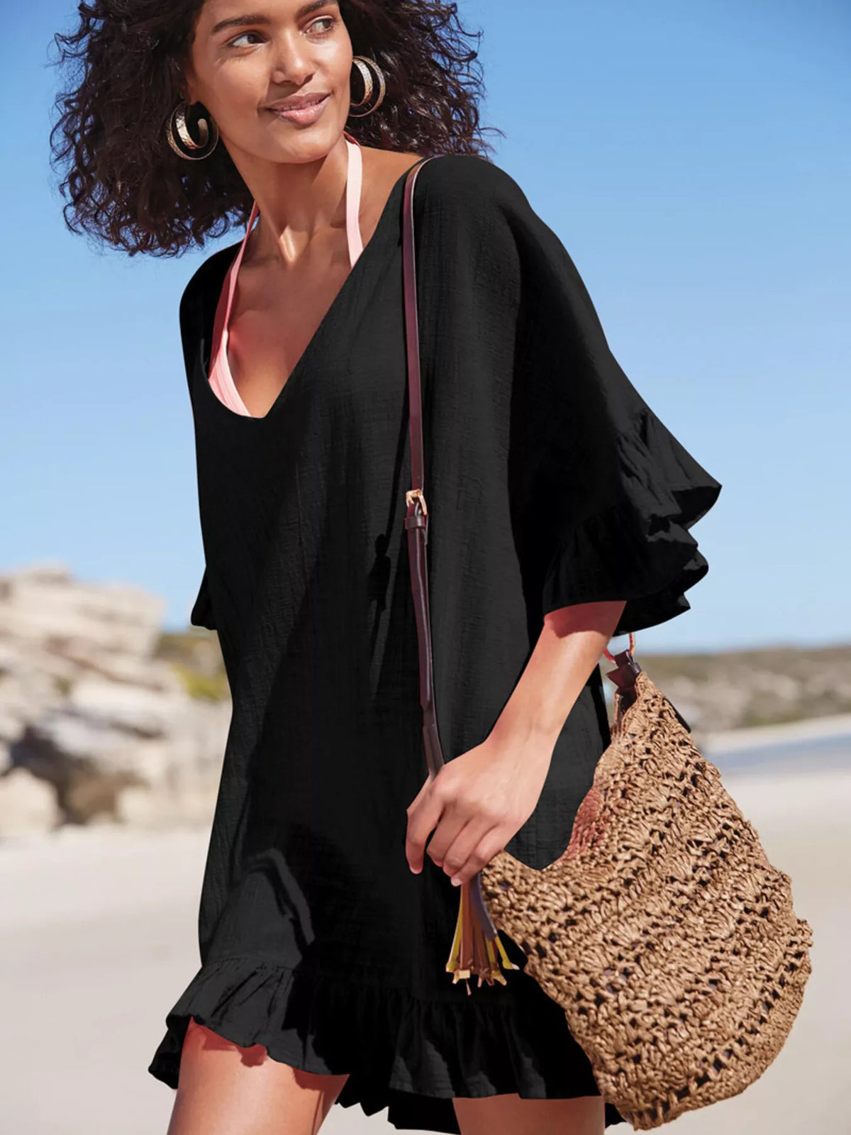Ruffled Trim V-Neck Cover-Up Dress - Lilixa.store
