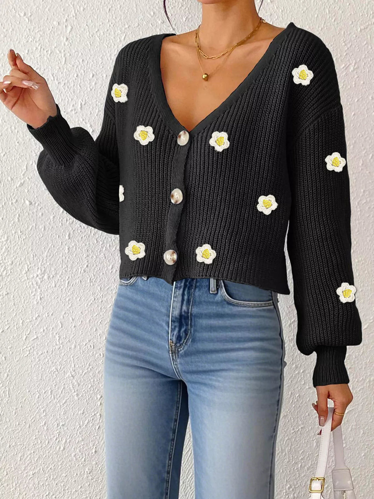 Floral V-Neck Button-Down Cropped Cardigan - Lilixa.store