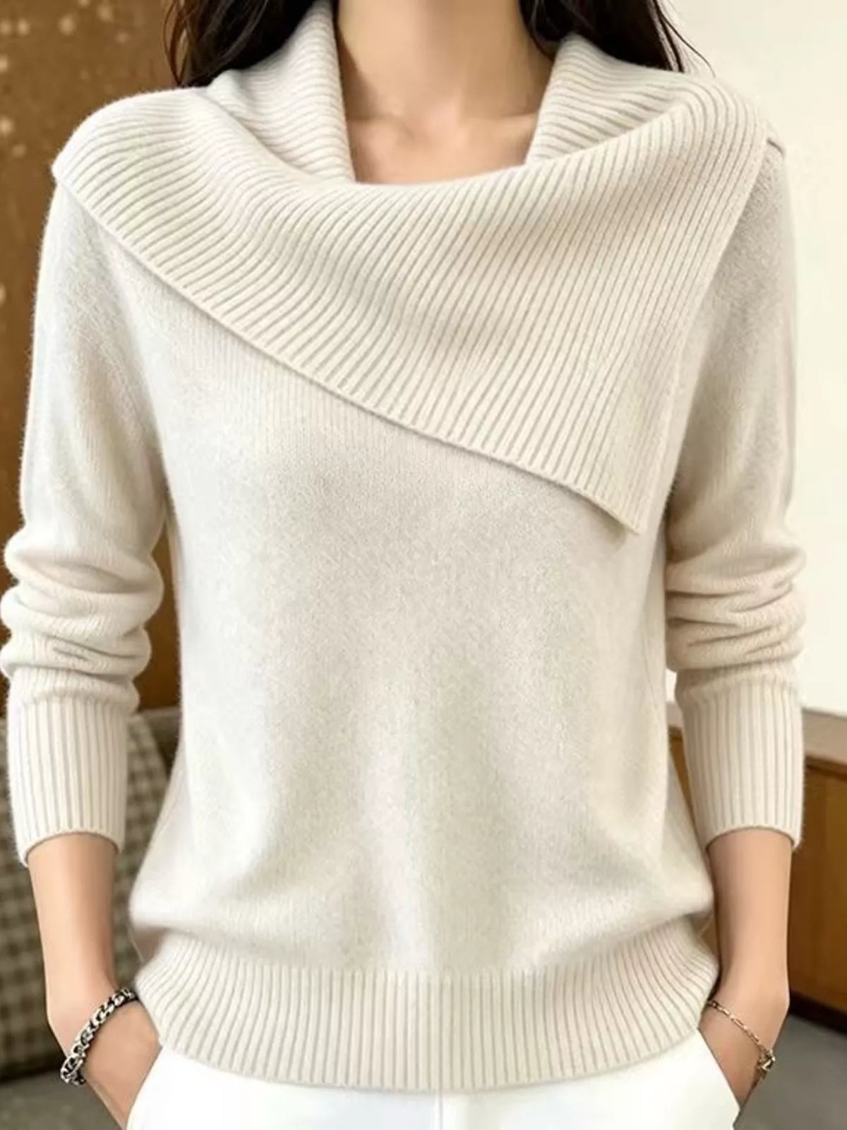 Full Size Asymmetric Ribbed Collar Sweater Plus Size - Lilixa.store