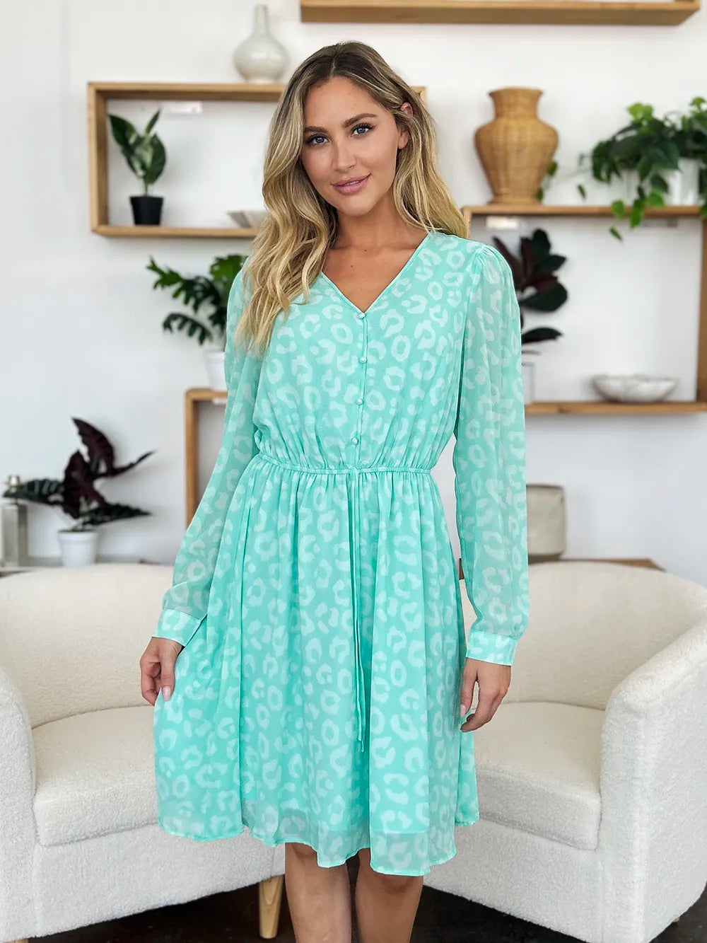 Double Take Full Size Printed Ruched V-Neck Long Sleeve Dress - Lilixa.store