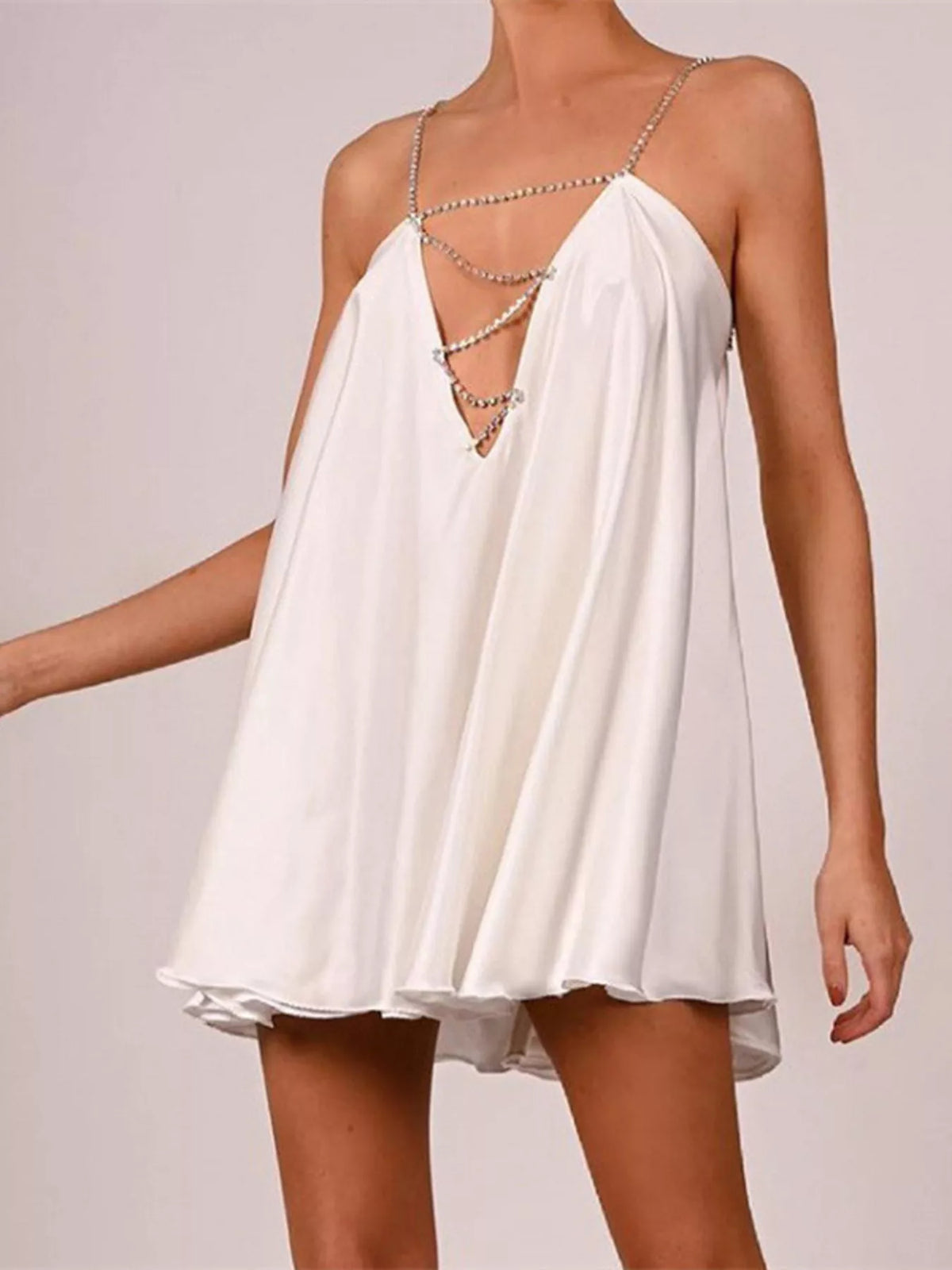 Rhinestone Embellished Plunge Mini Dress - Lilixa.store