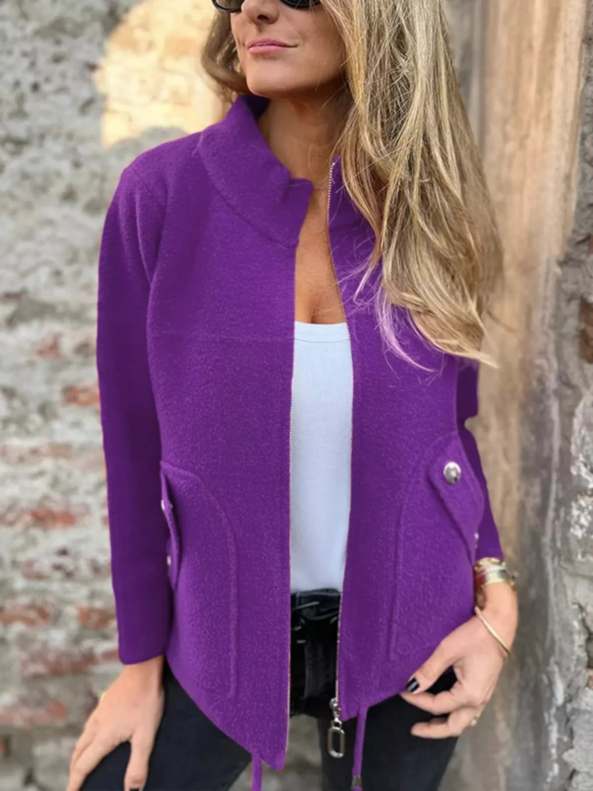 Full Size Textured Knit Zip Up Outerwear Plus Size in Purple