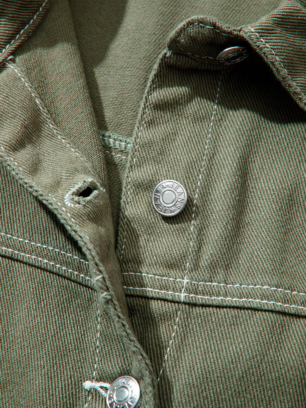 Patched Pocket Collared Button Front Boyfriend Denim Jacket in Moss, view 10