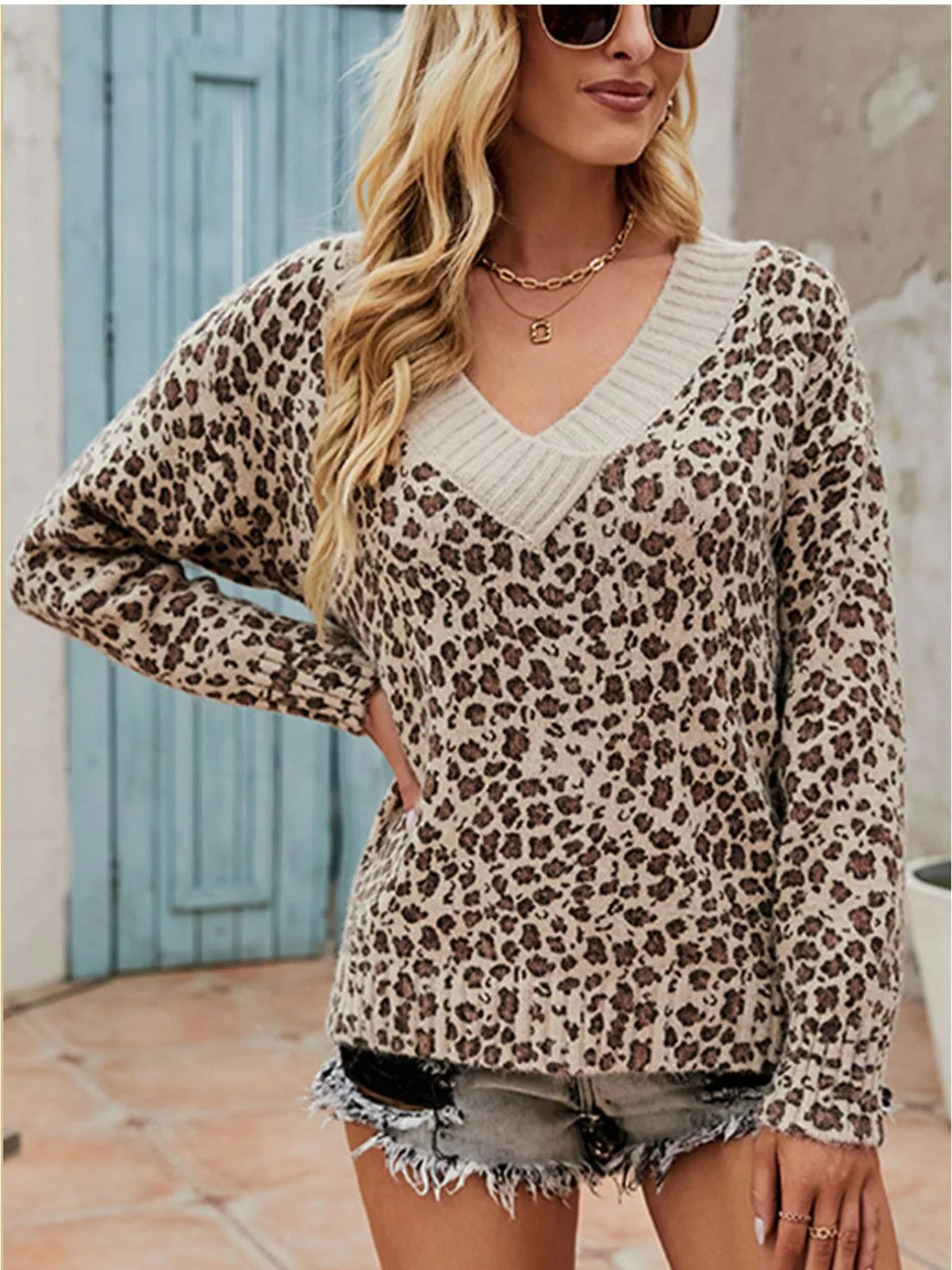 V-Neck Leopard Print Pullover Sweater in Apricot
