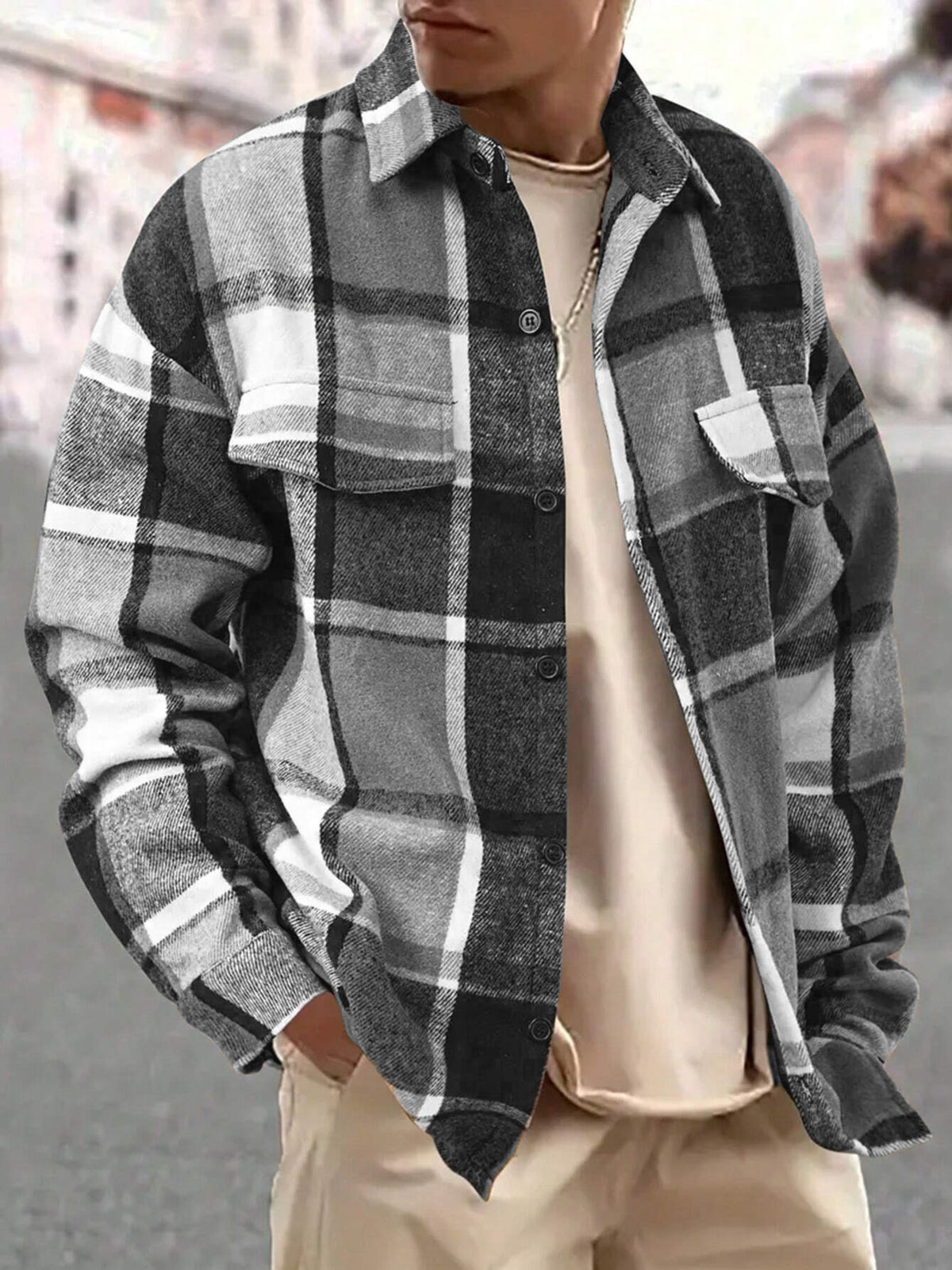 Men's Full Size Casual Plaid Button Up Shirt with Dual Chest Pockets Plus Size