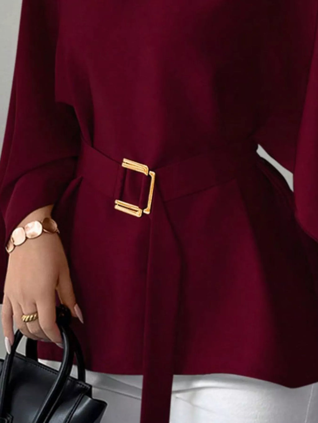 Round Neck Belt Batwing Sleeve Blouse - Lilixa.store