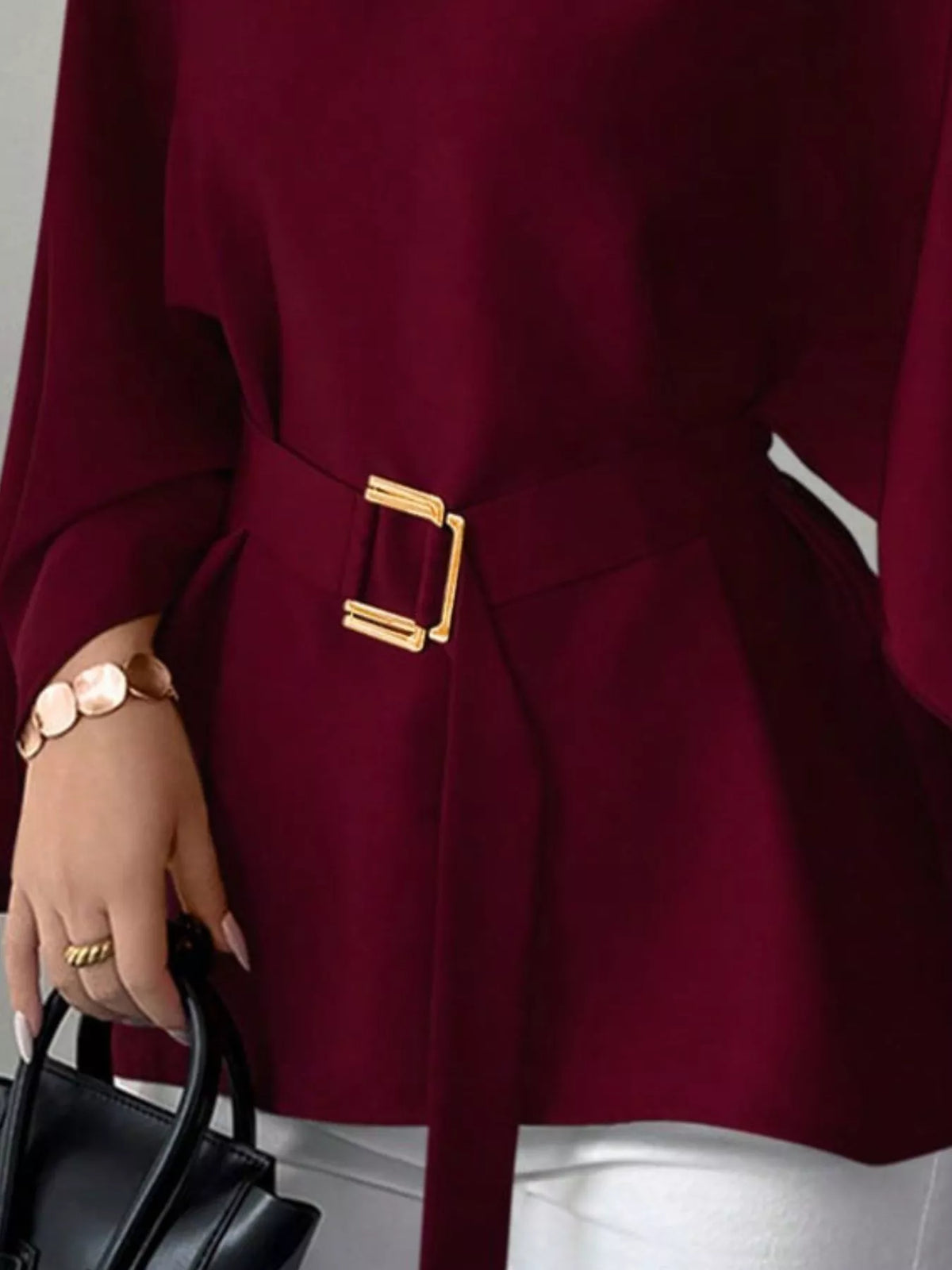 Round Neck Belt Batwing Sleeve Blouse - Lilixa.store