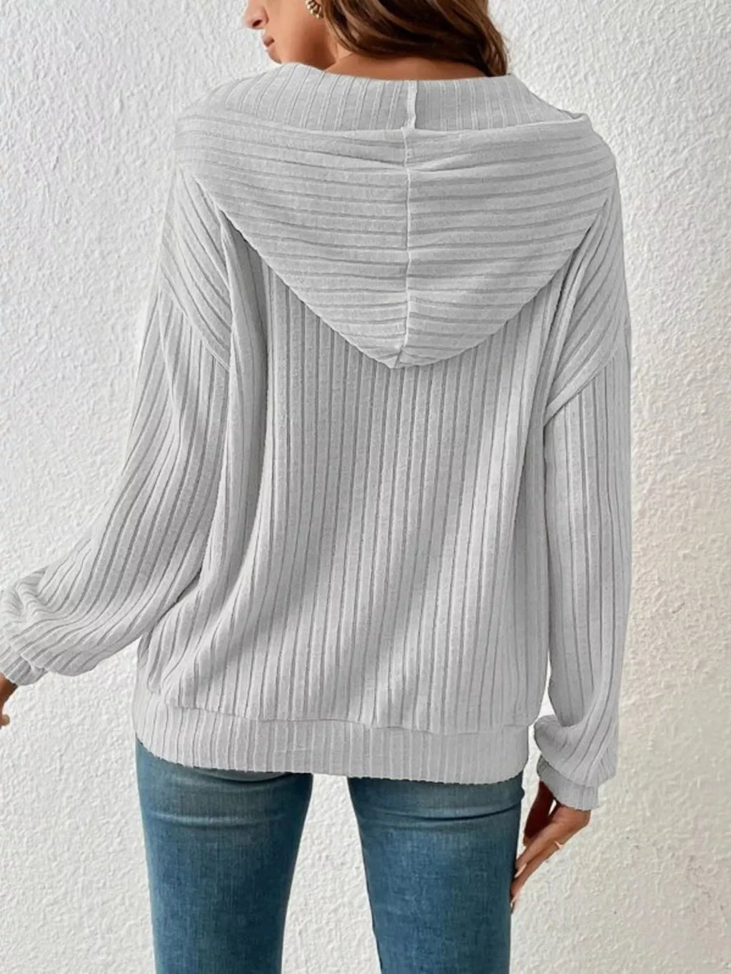 Casual Ribbed Knit Drawstring Hoodie - Lilixa.store