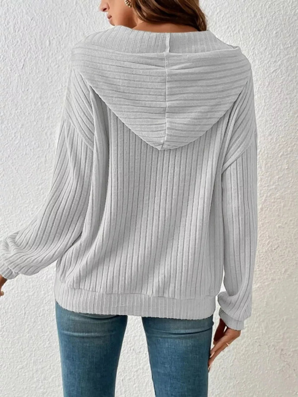 Casual Ribbed Knit Drawstring Hoodie - Lilixa.store