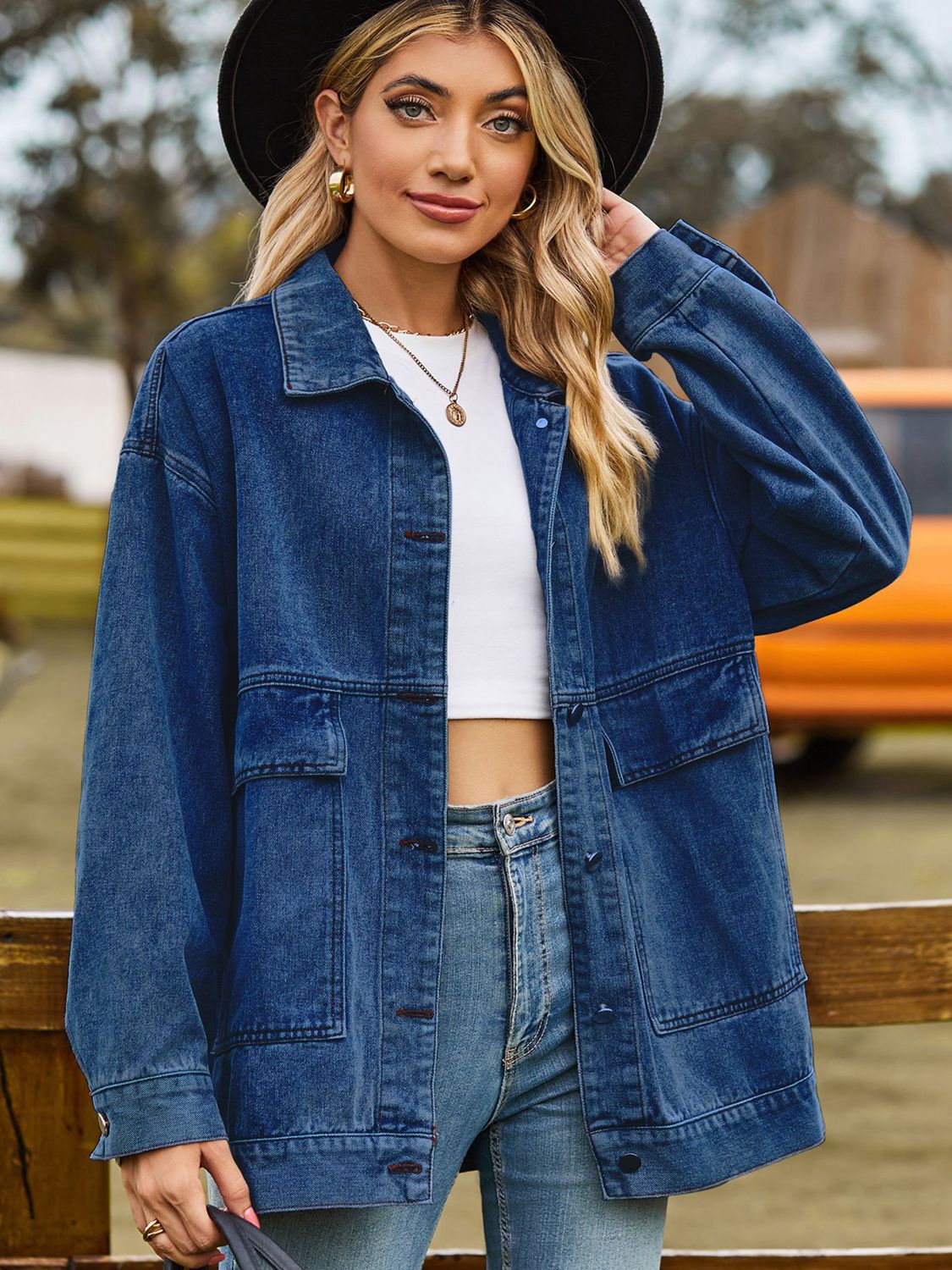 Dropped Shoulder Denim Jacket with Pockets in Dark Gray, view 3